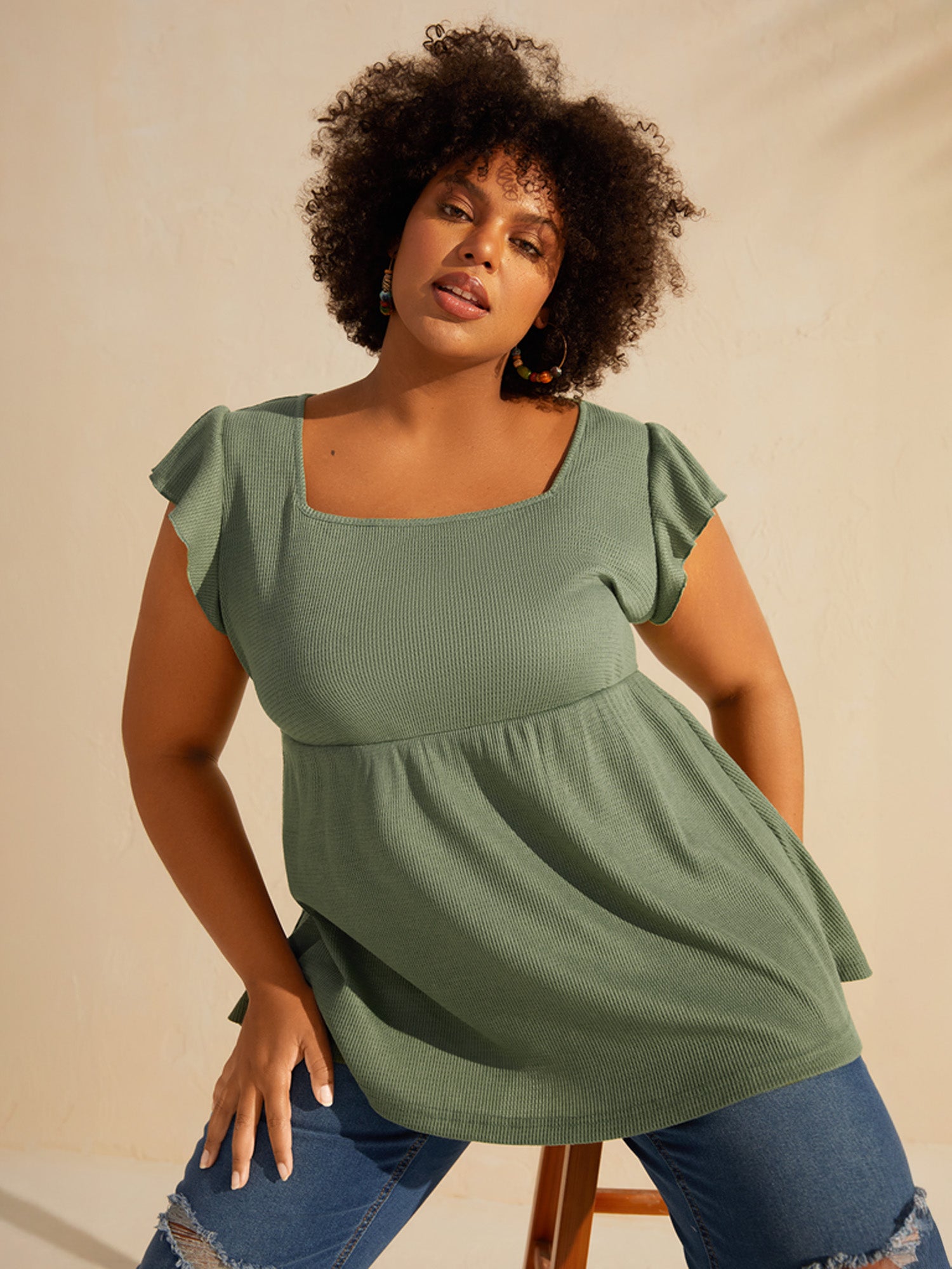 Waffle Flutter Sleeve Stretchy Plain Top