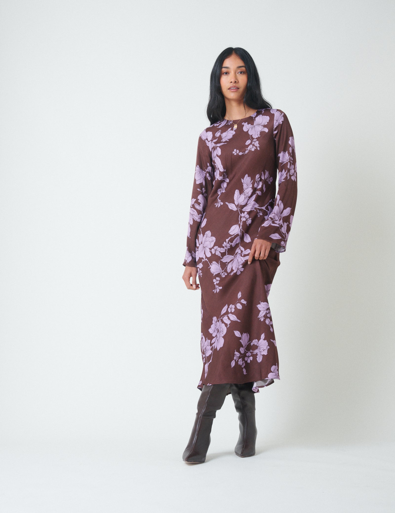 Brown Floral Long Sleeve Shiloh Midi Dress