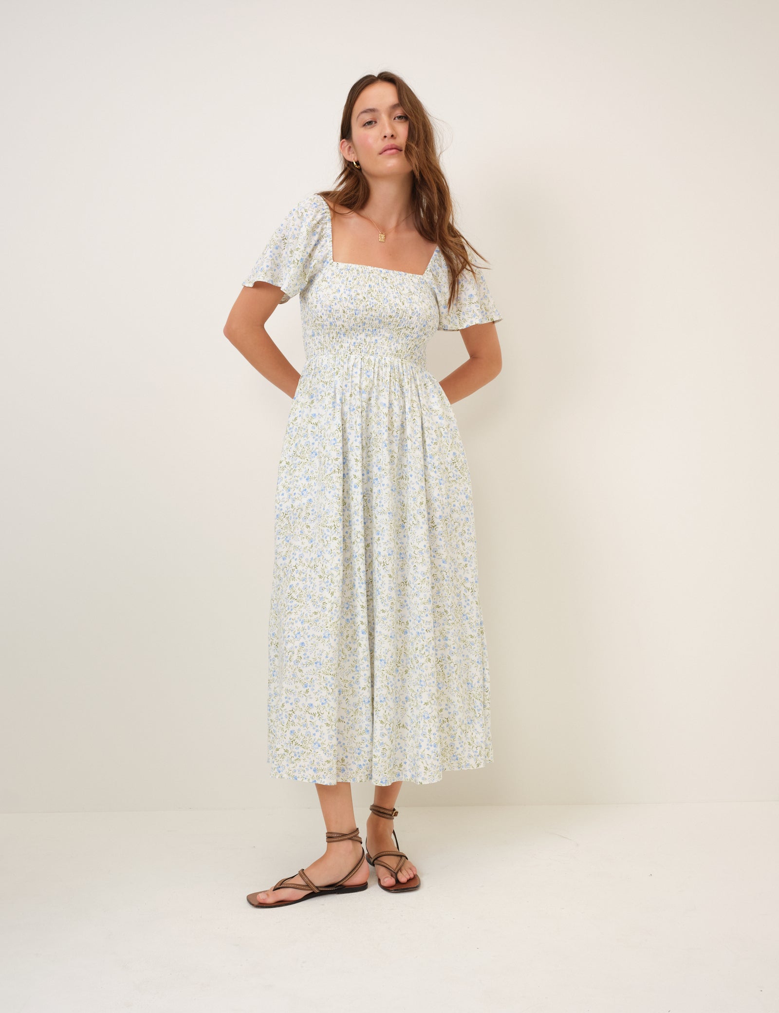 Blue Floral Shirred Bella Midi Dress