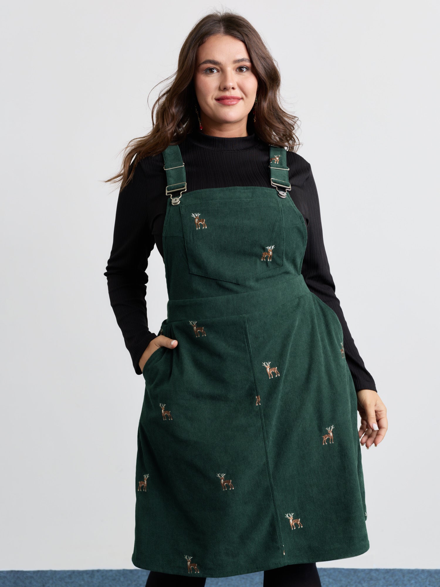 Corduroy Embroidered Adjustable Straps Knee Dress