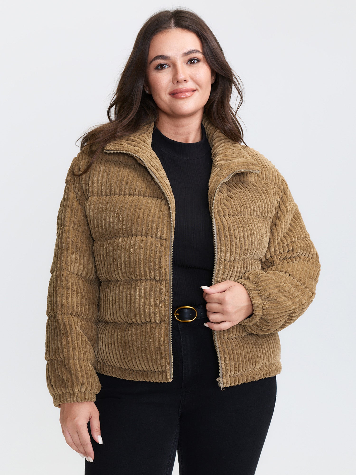 Corduroy Lined Zipper Puffer Parka