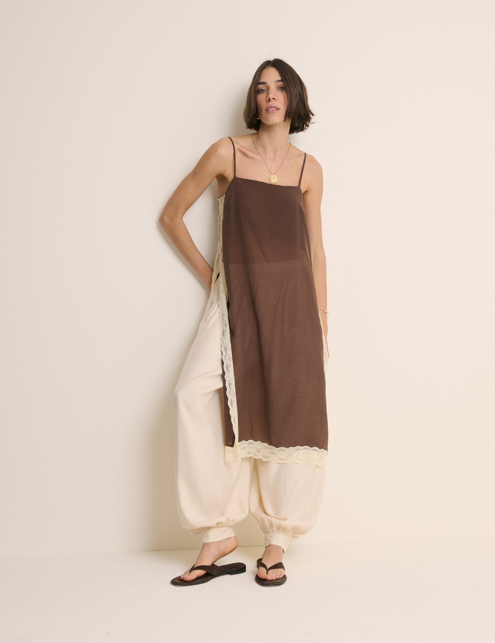 Brown Lace Trim Paulina Longline Cami