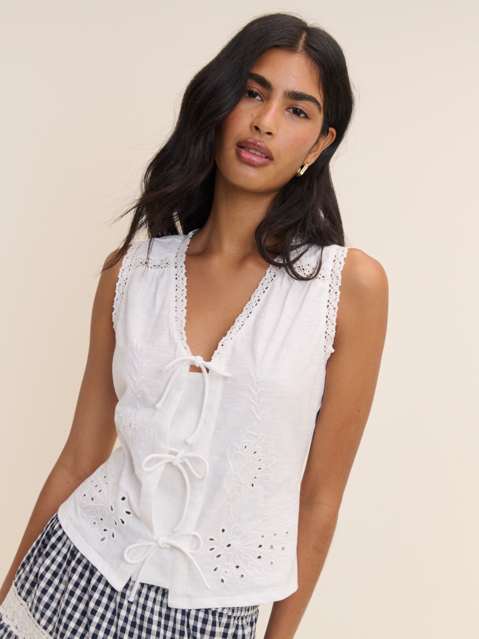 White Embroidered Tie Front Top