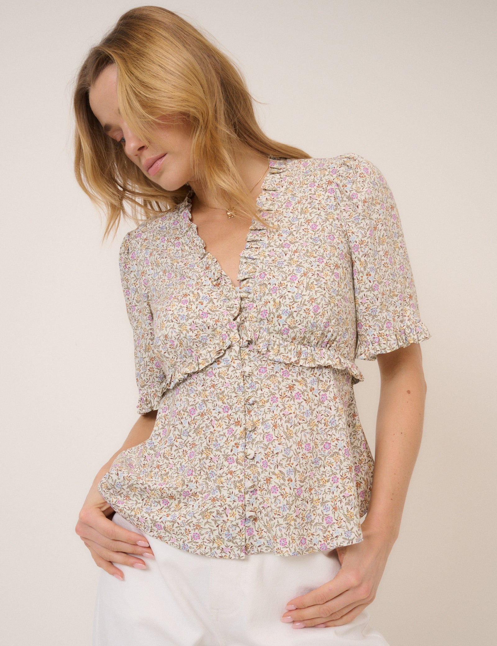 Pink Floral V-Neck Blouse