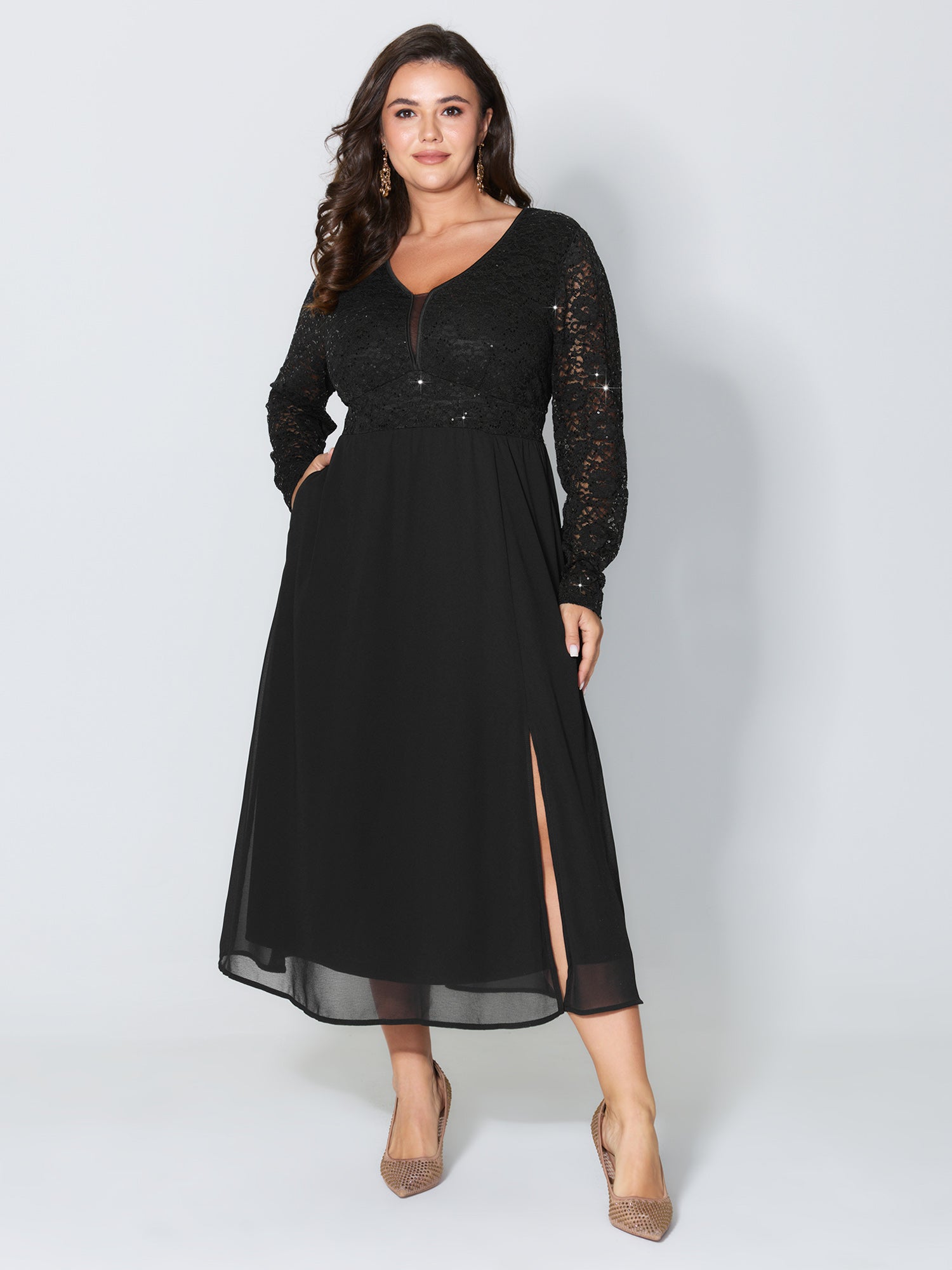 Sheer Lace V-Neck Shirred Waist Midi Dress