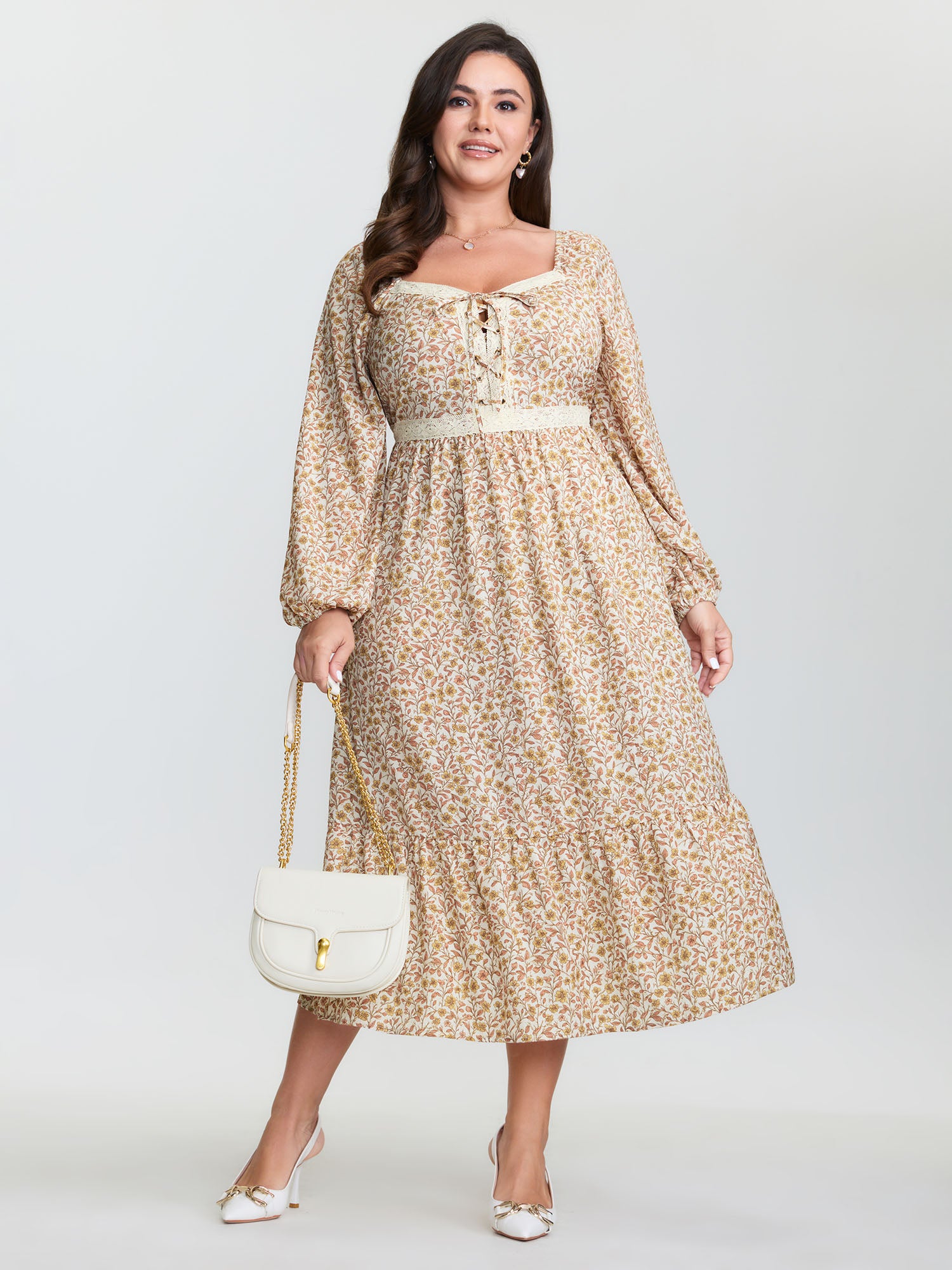 Retro Floral Print Lace Trim Midi Dress