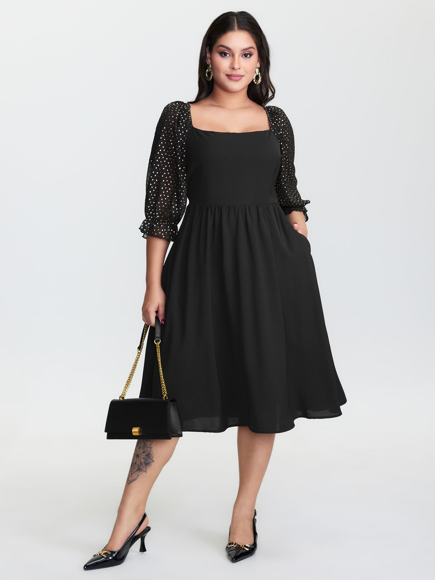 Sheer Sleeve Shirred Stretchy Waist Midi Dress