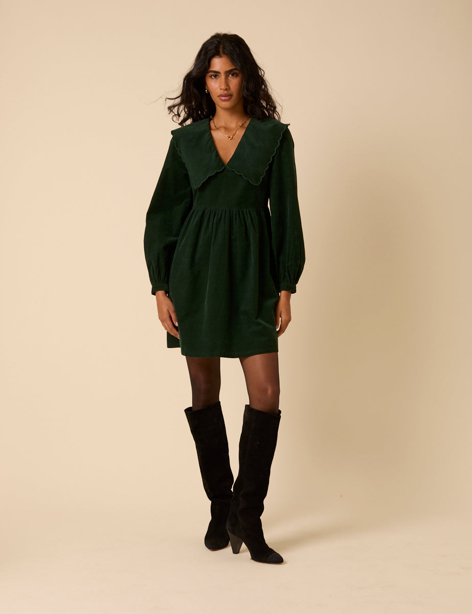 Green Peter Pan Collar Cord Cassis Mini Dress