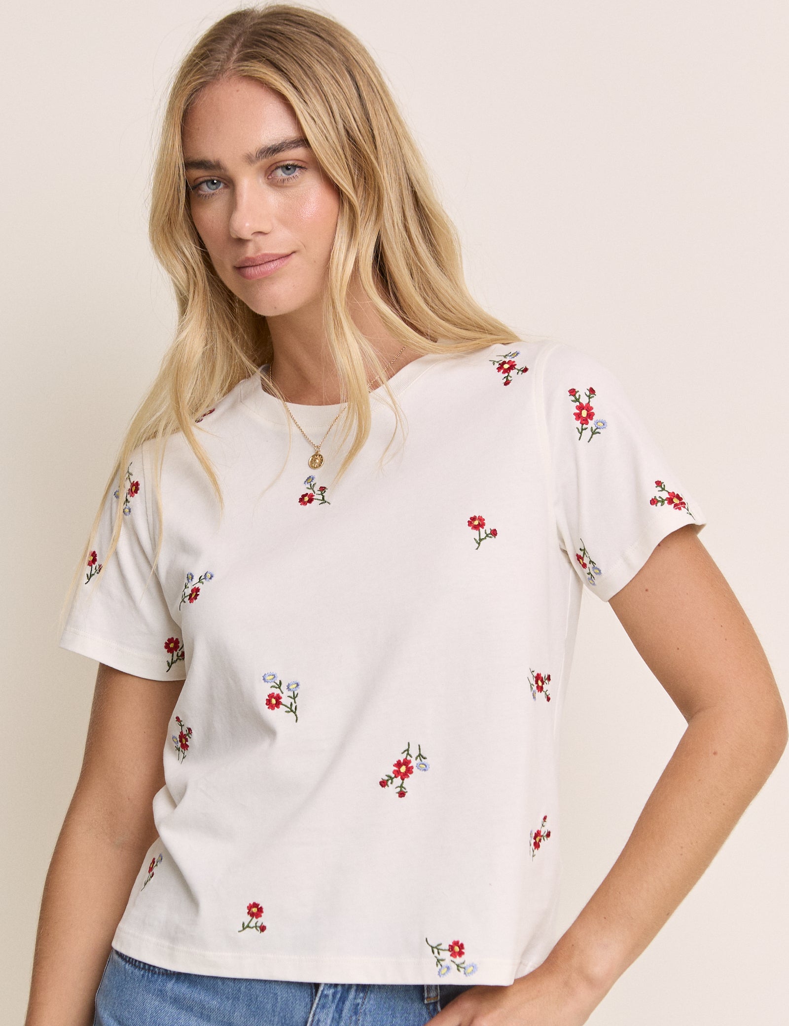White Floral Embroidered T-Shirt