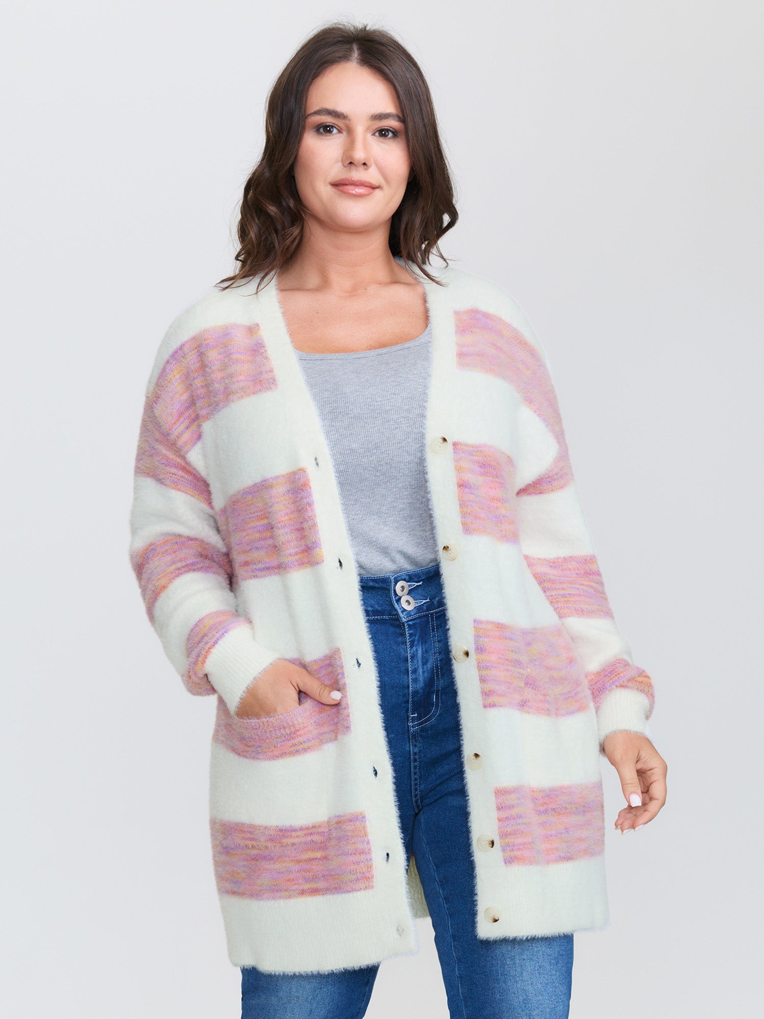 Color Stripes Furry Textured Knit Cardigan