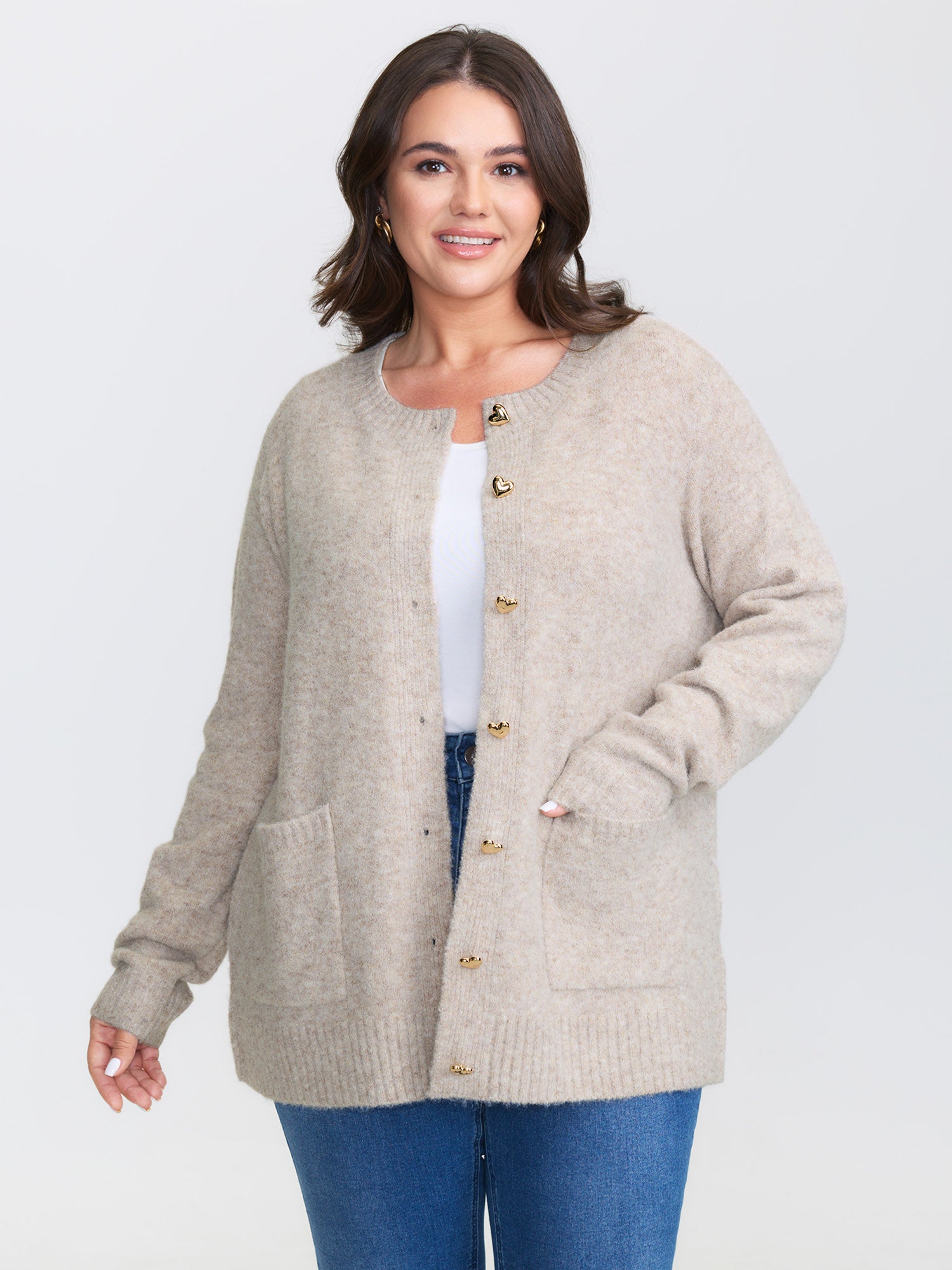 Heart Button-Down Pockets Knit Cardigan