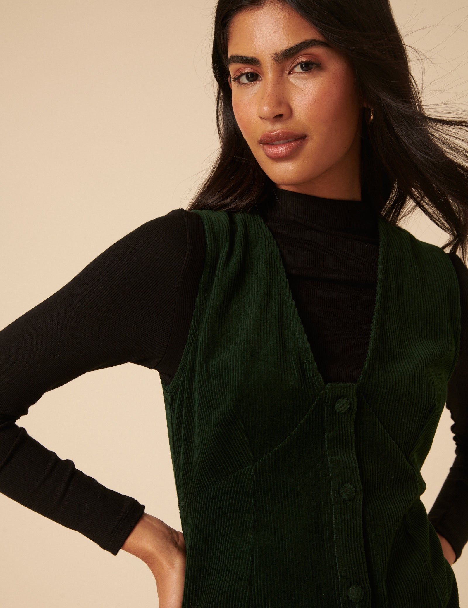 Khaki Green Cord Gianna Pinafore Mini Dress