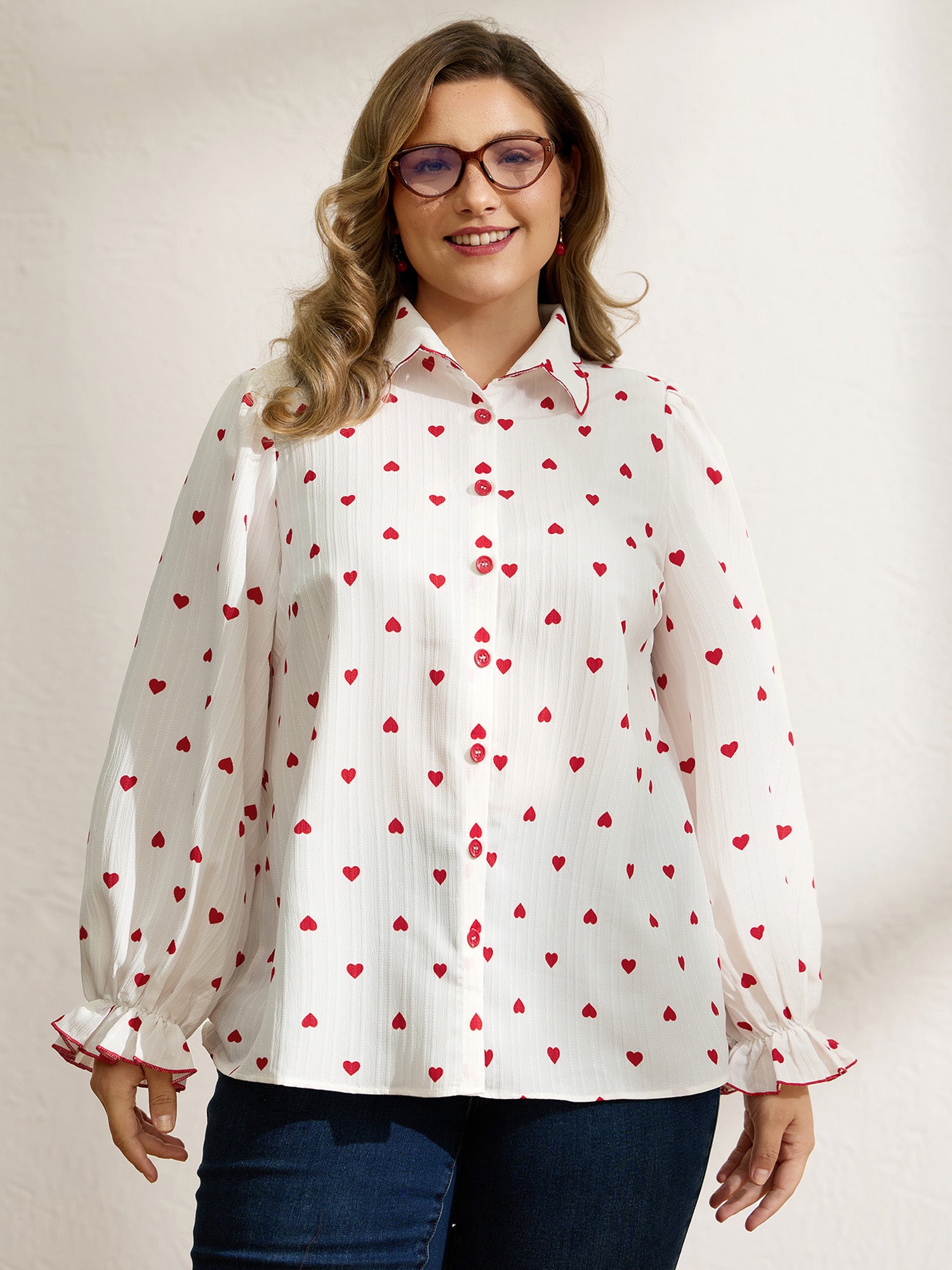 Textured Heart Embroidered Collar Blouse