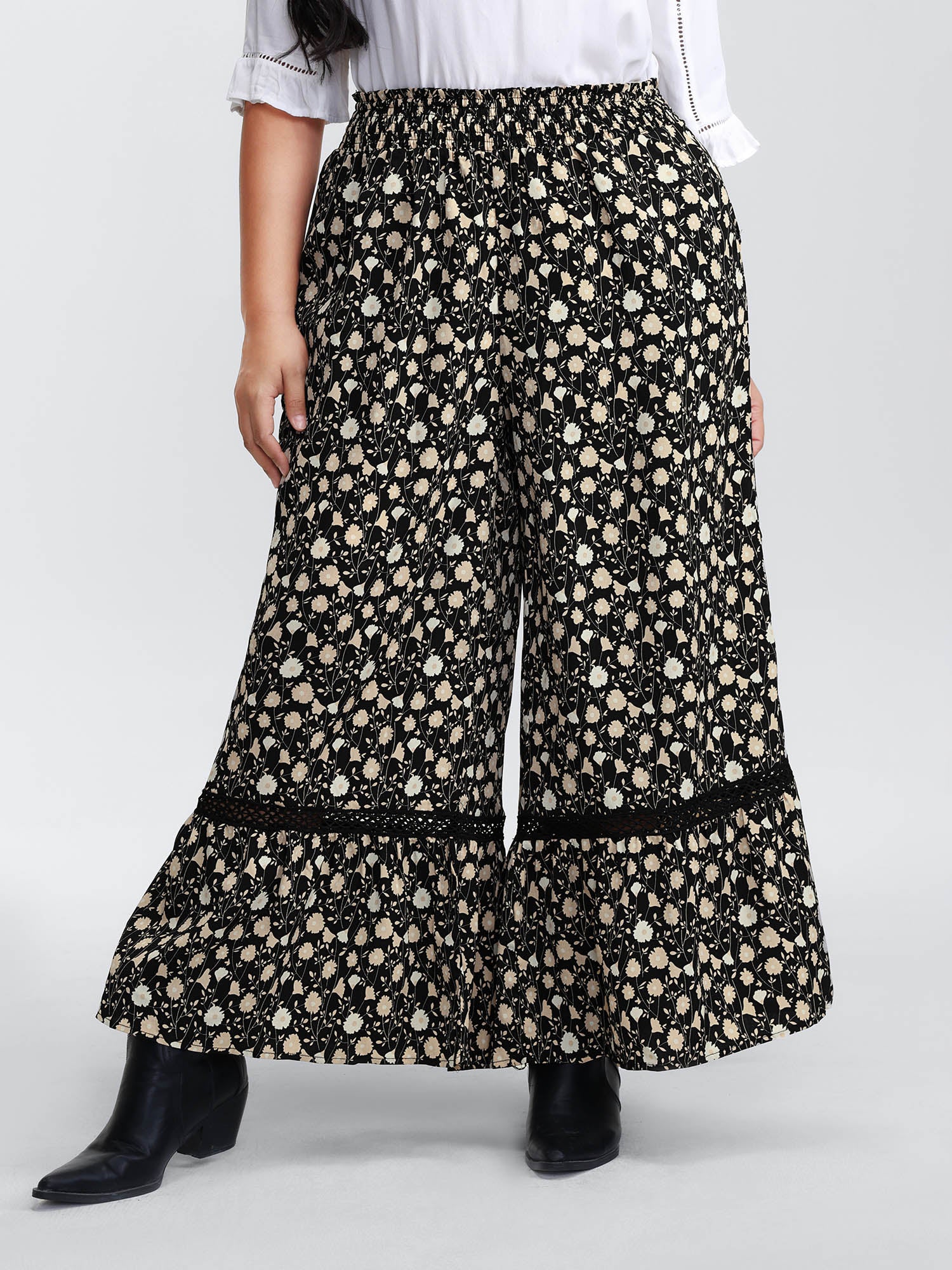 Floral Print Shirred Wide Waistband Tiered Pants
