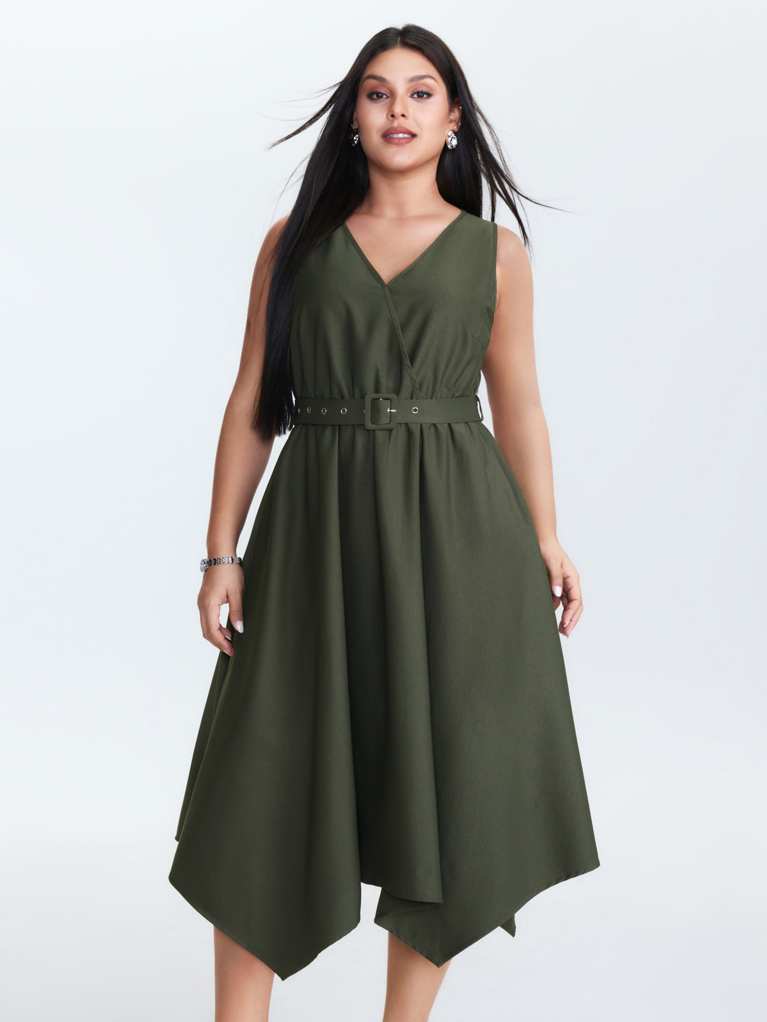 Waist-Tie Asymmetrical Hem Pockets Midi Dress