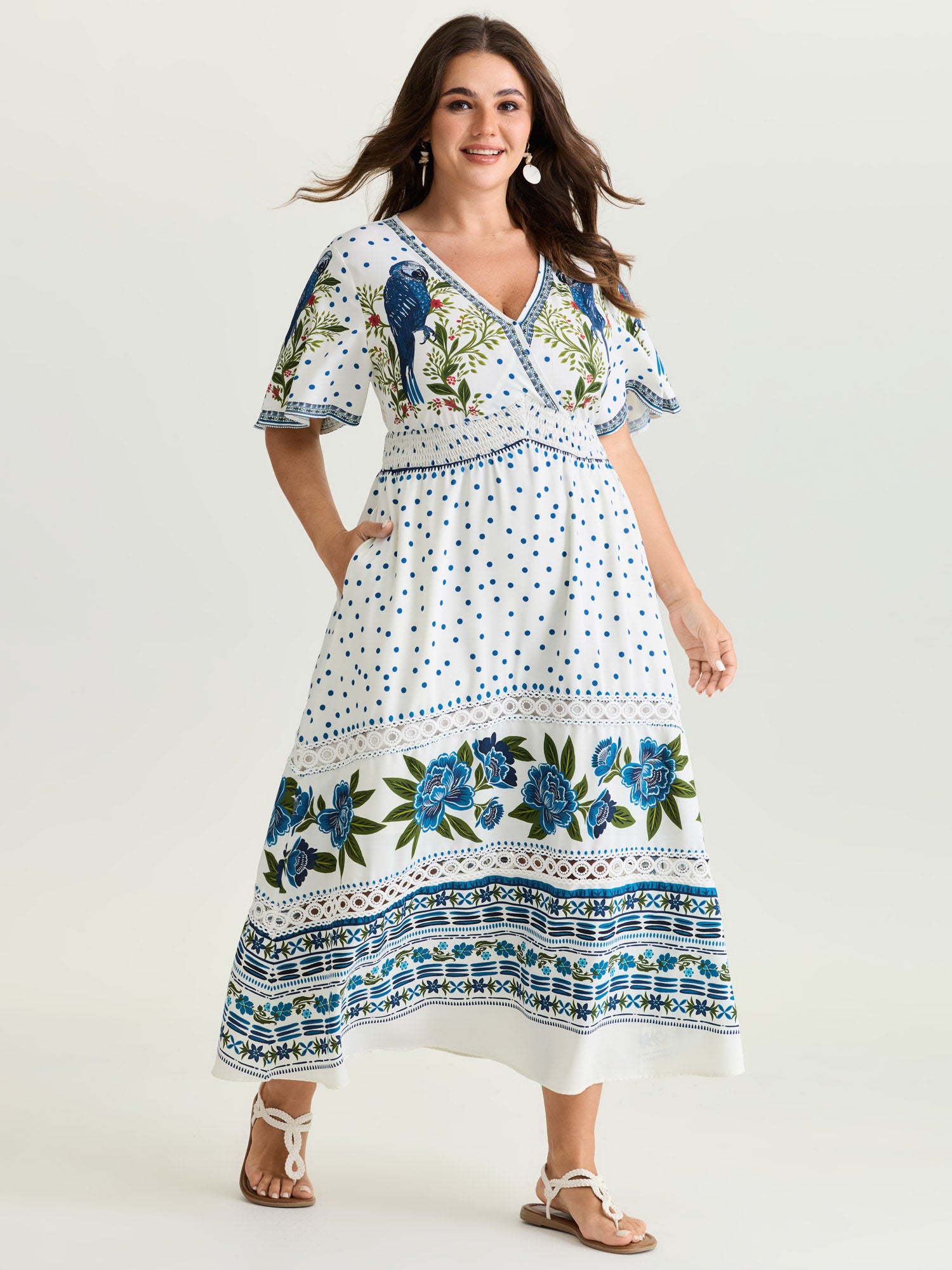 Parrot Print Lace Trim Surplice Neckline Maxi Dress