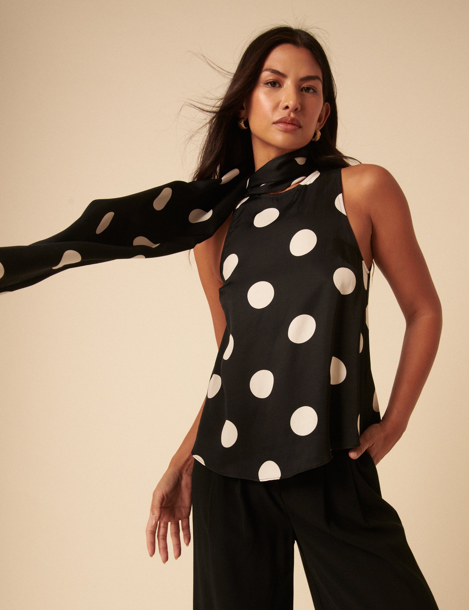 Black Polka Dot Tie Neck Top