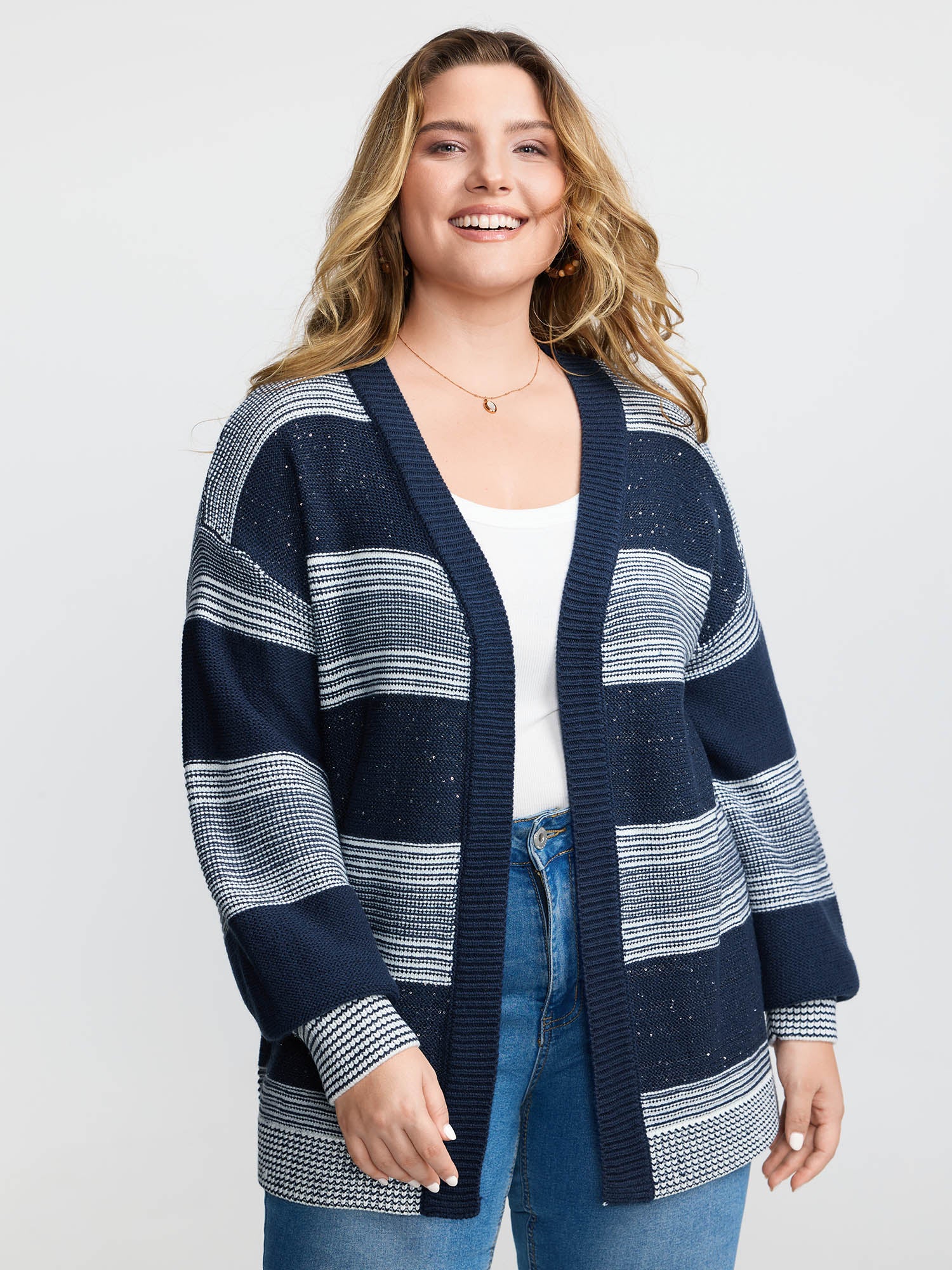 Sequin Yarn Color Stripe Knit Cardigan