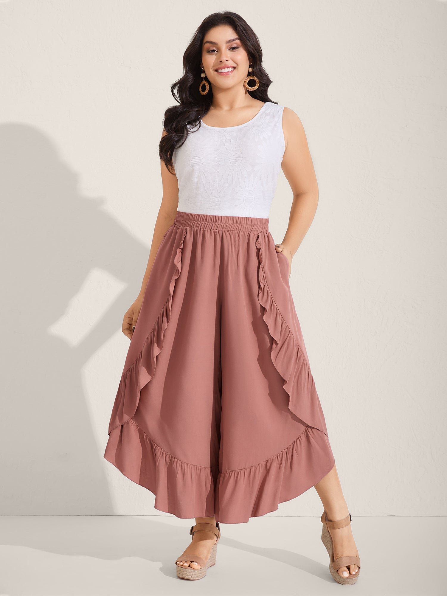 Lotus Leaf Edge Solid Wide-Leg Pants