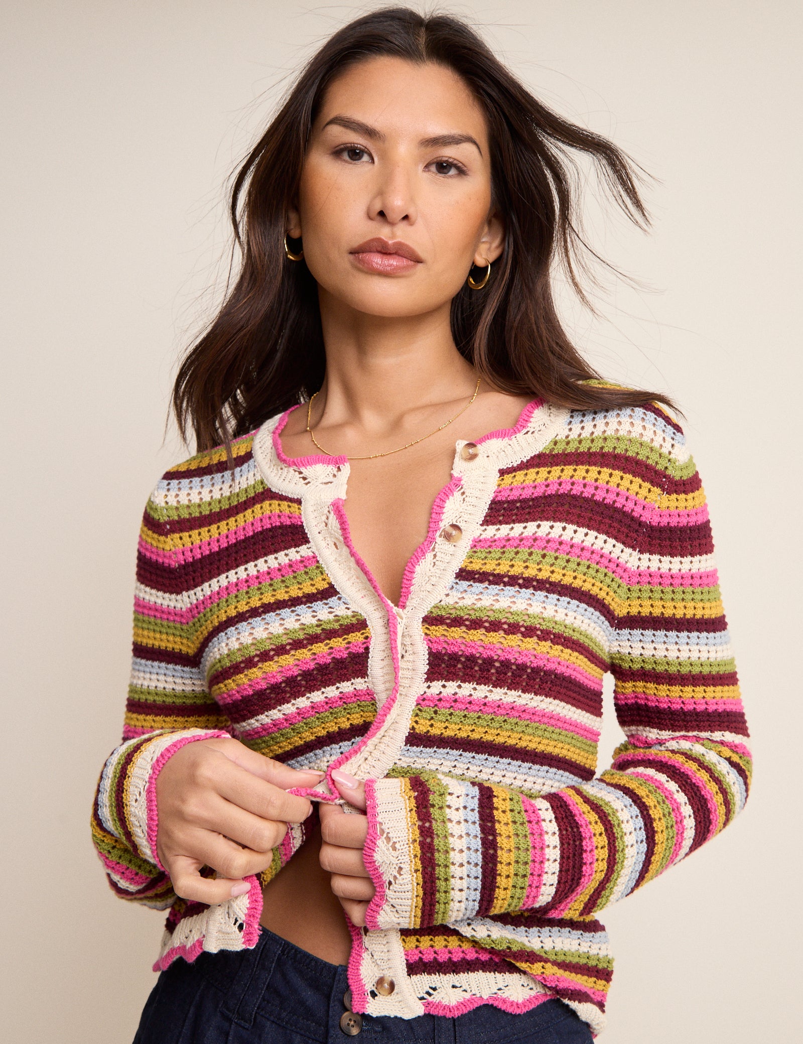 Multi-Coloured Striped Scallop Crochet Cardigan