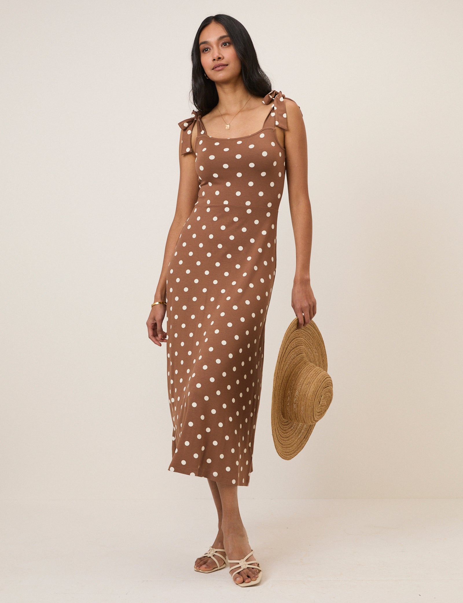 Brown Polka Dot Adrian Jersey Midi Dress