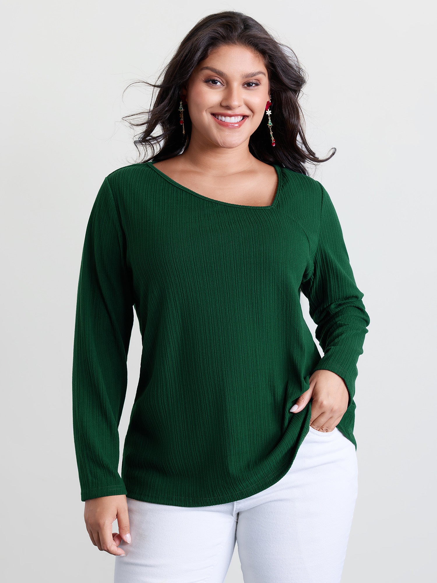 Super Stretchy Ribbed Asymmetrical Neck T-Shirt