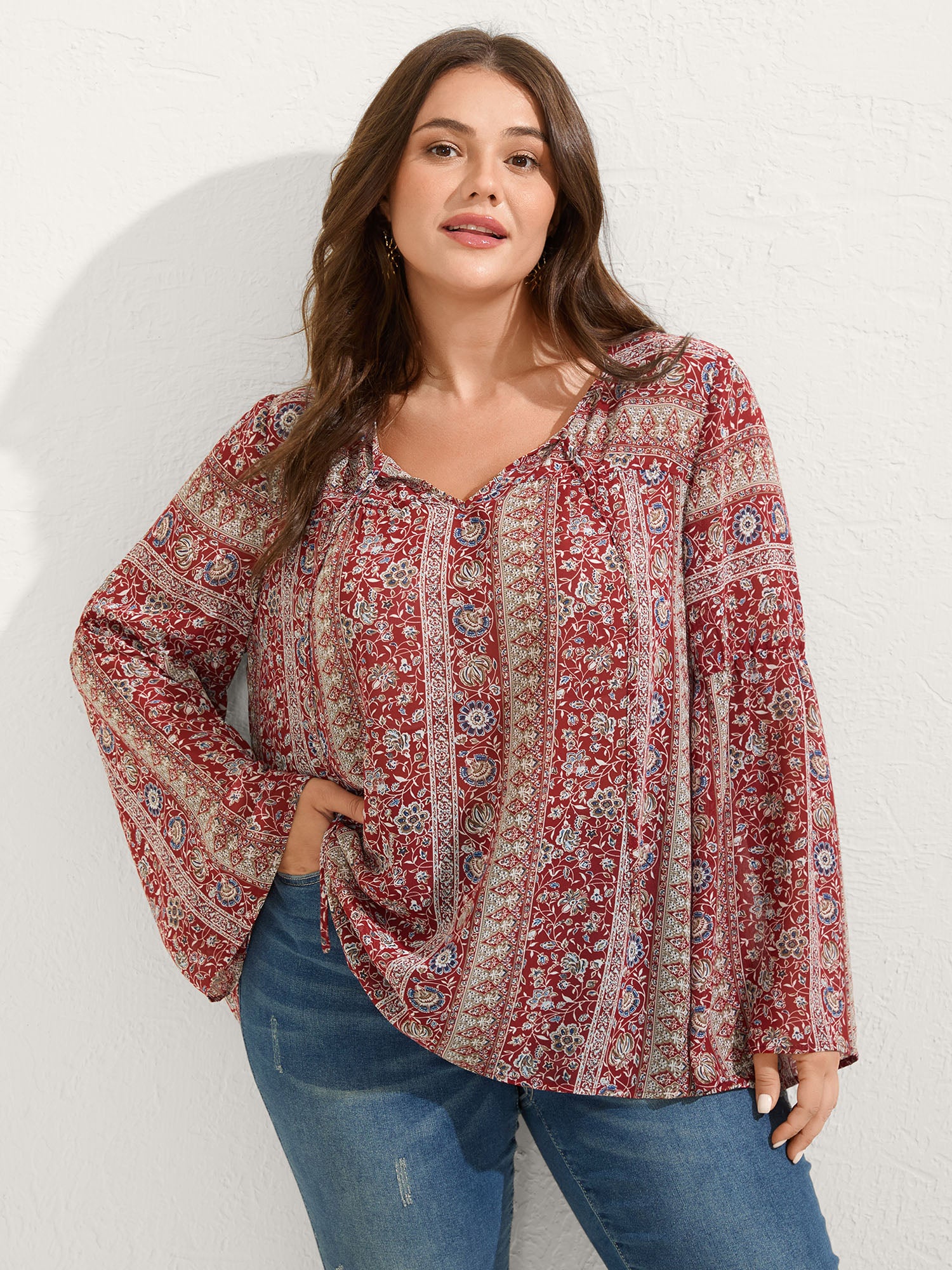 Chiffon Floral Sheer Print Neck-Tie Blouse