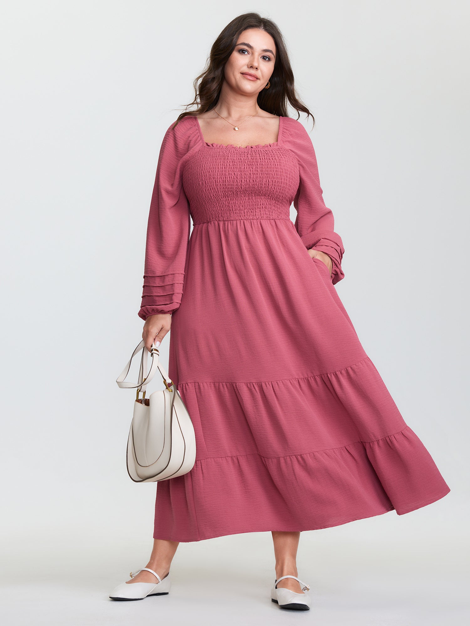Shirred Bodice Pockets Tiered Maxi Dress