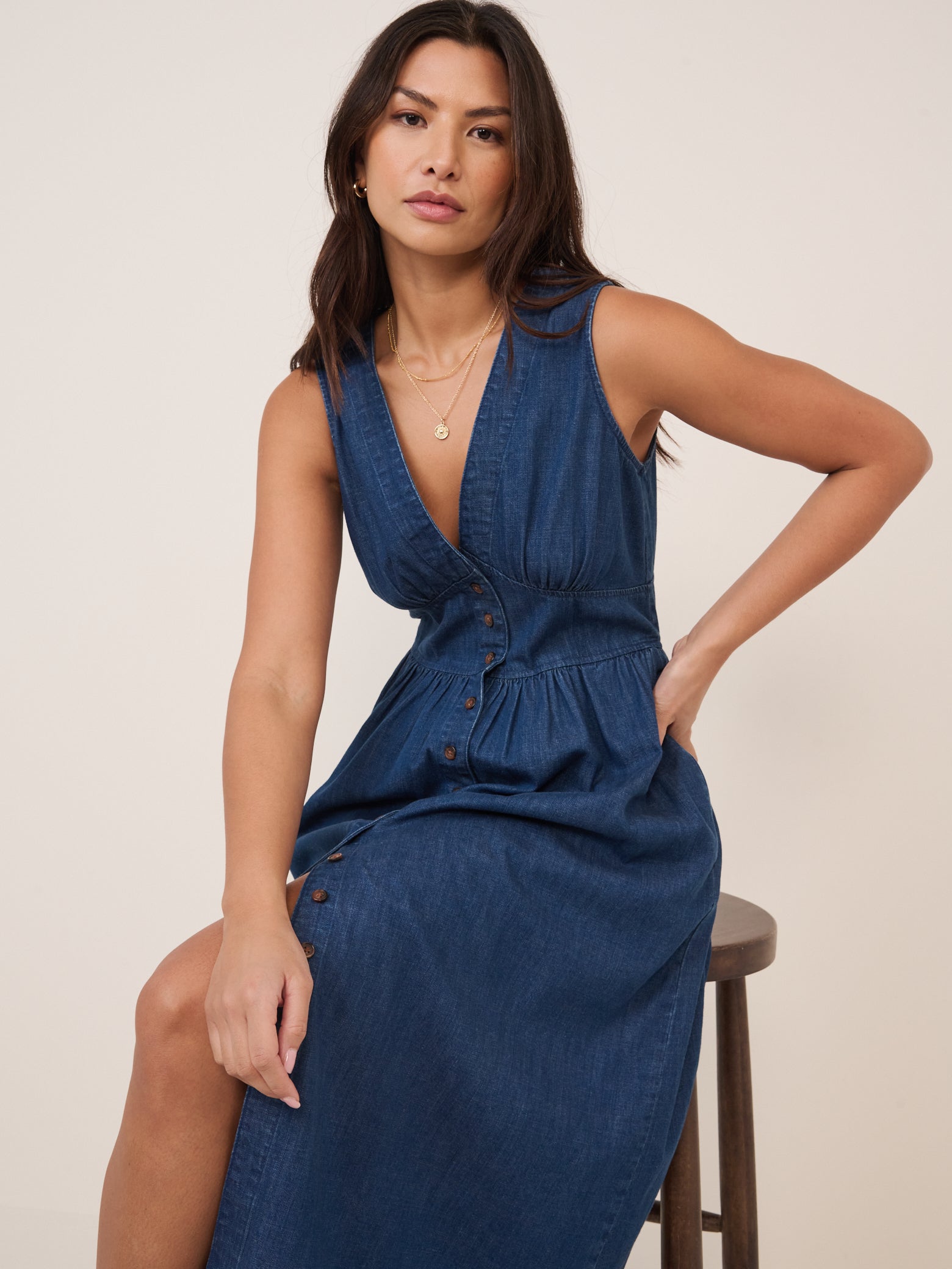 Dark Blue Denim Sleeveless Starlight Midi Dress