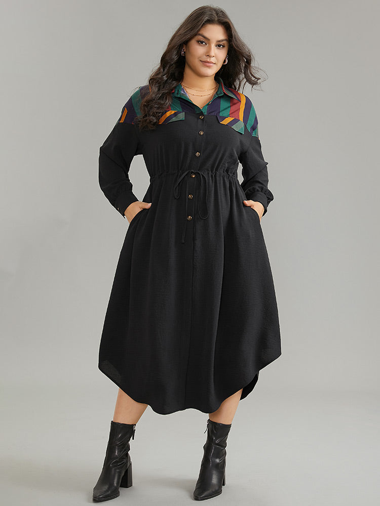 Striped Contrast Drawstring Button Detail Shirt Collar Dress