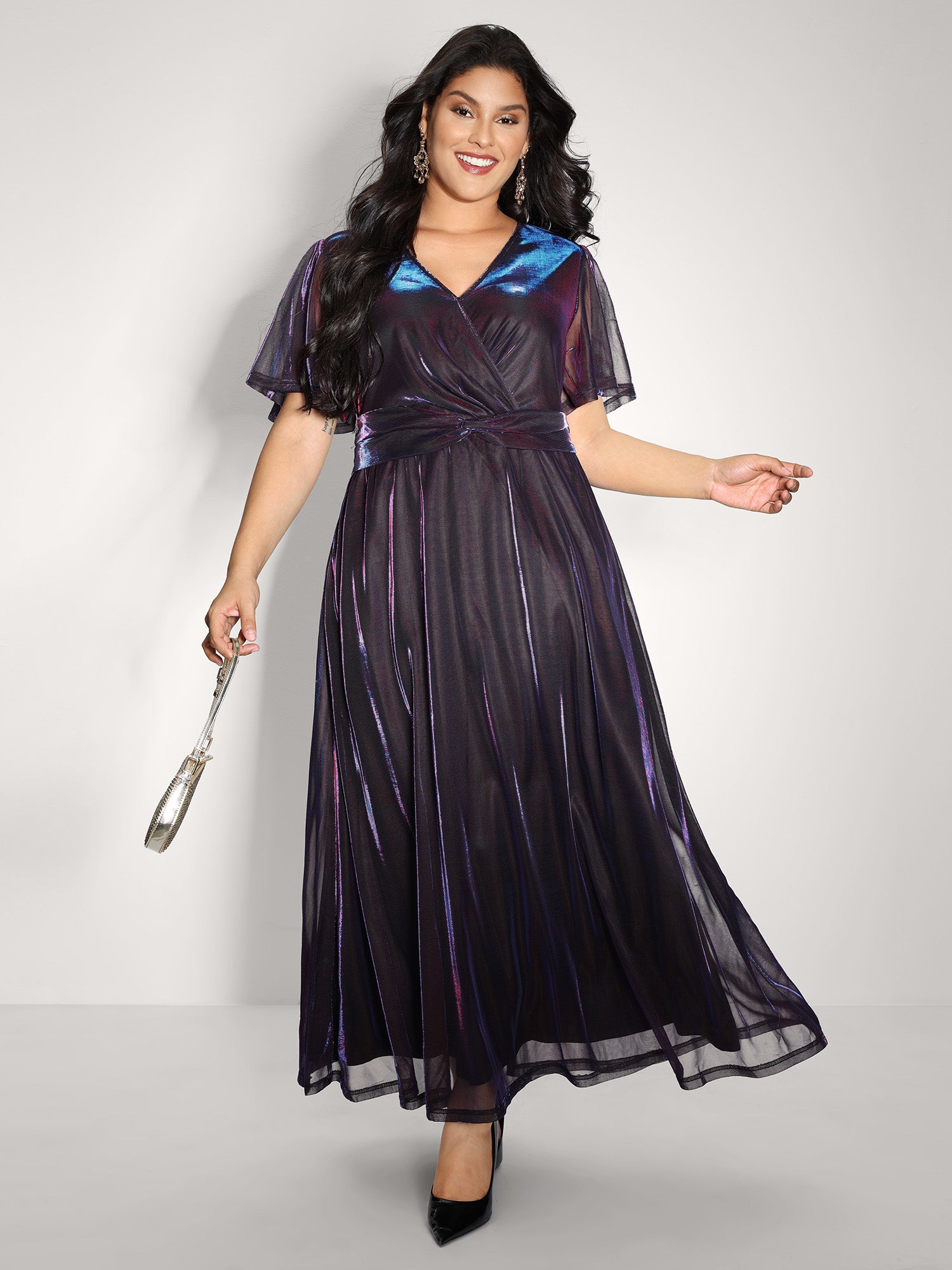 Shimmery Lined Shirred Waist Pockets Maxi Dress