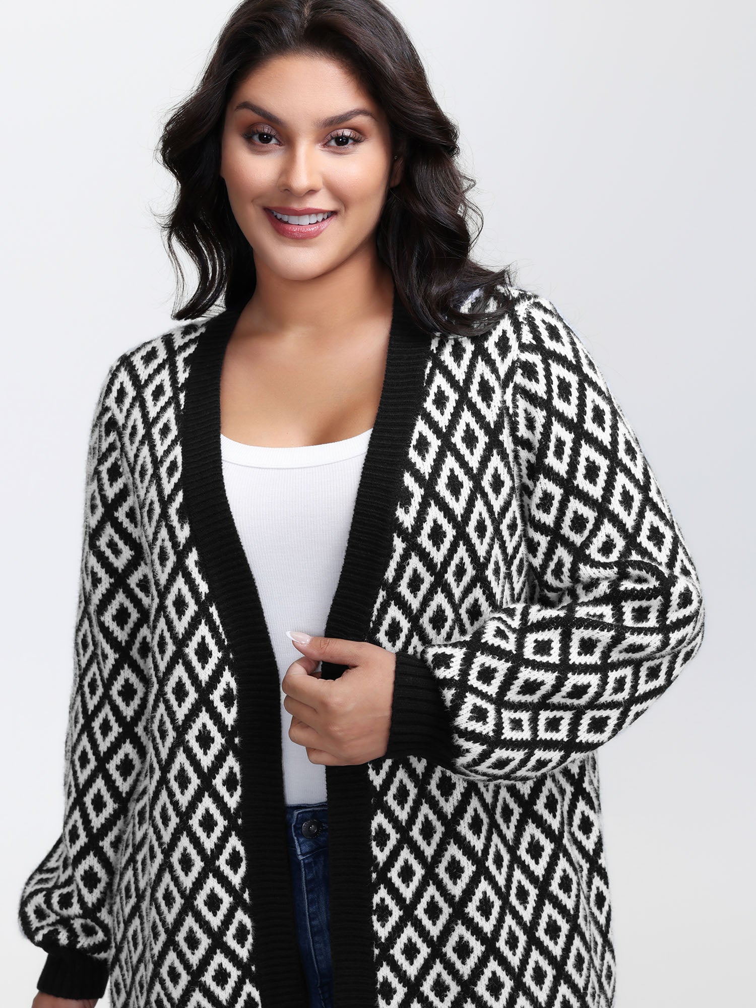 Mink Jacquard Diamond Pattern Knit Cardigan