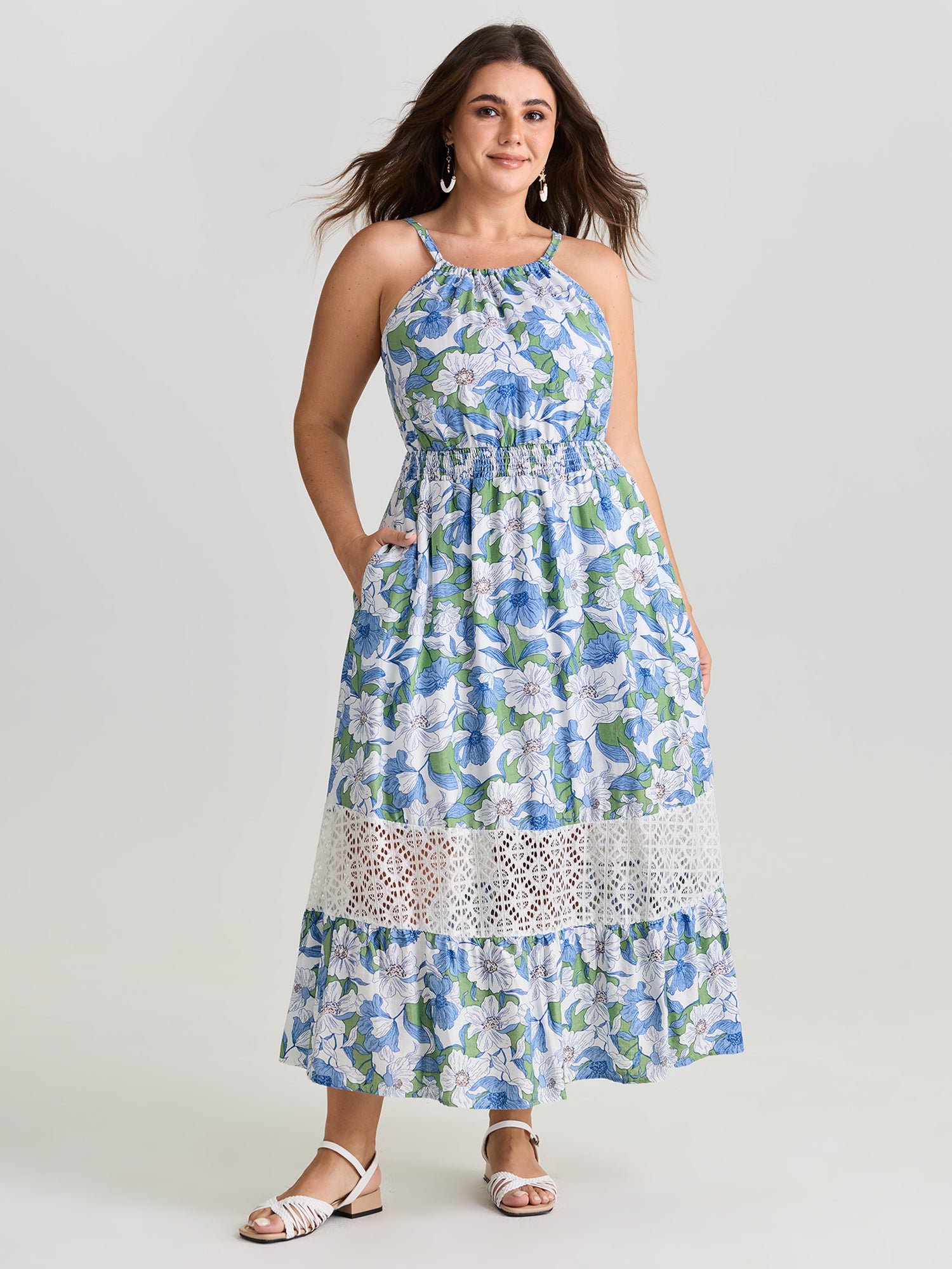 Large Floral Print Lace Trim Midi Dress