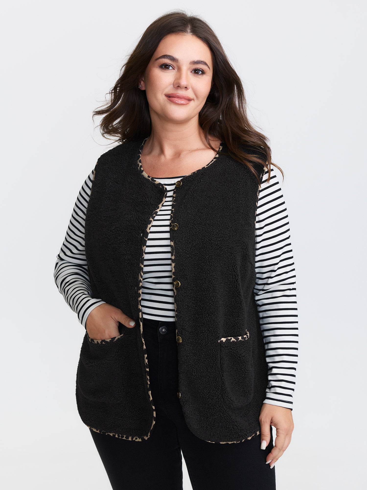 Faux Shearling Patchwork Leopard Edge Vest