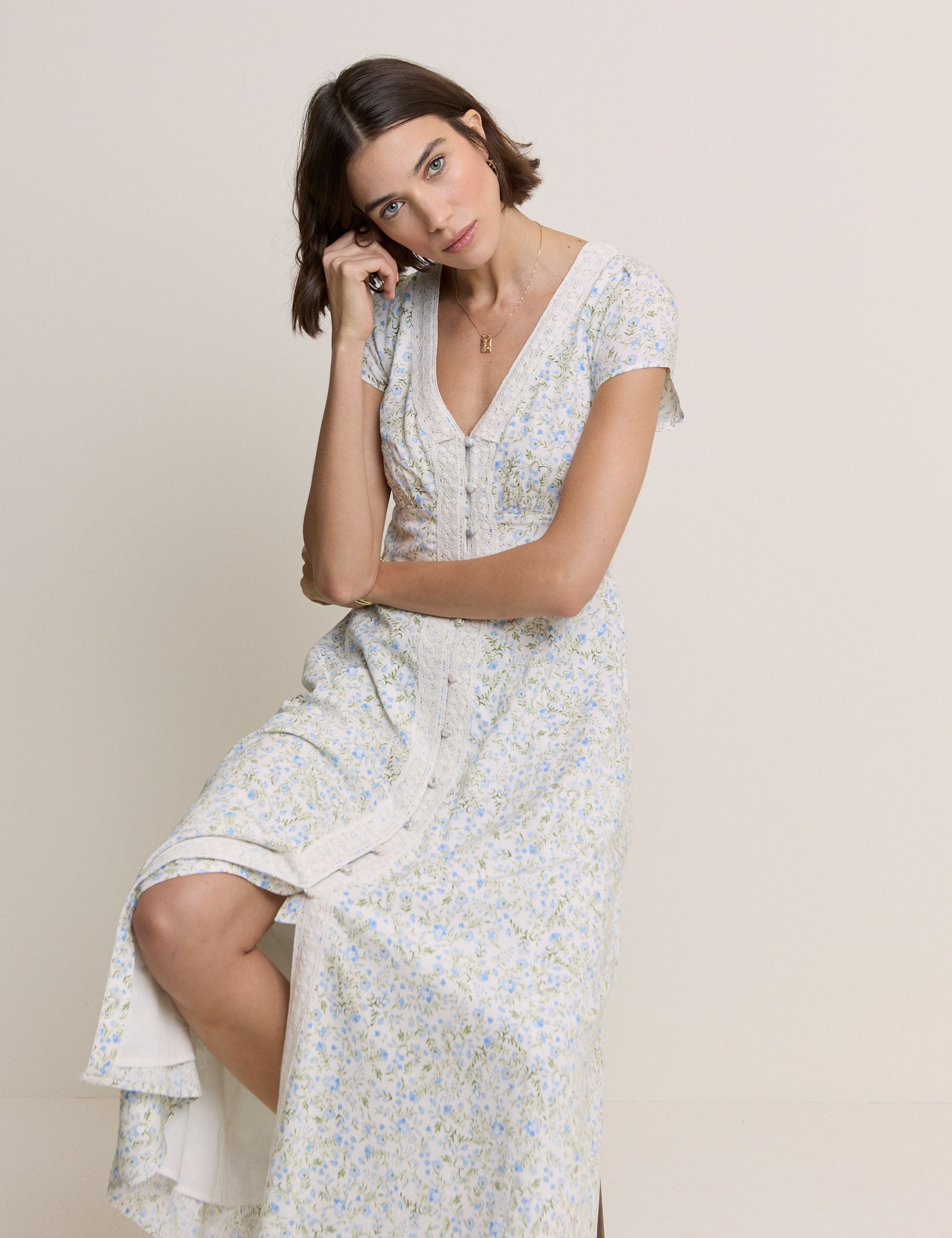 White Ditsy Floral Emma Midi Dress
