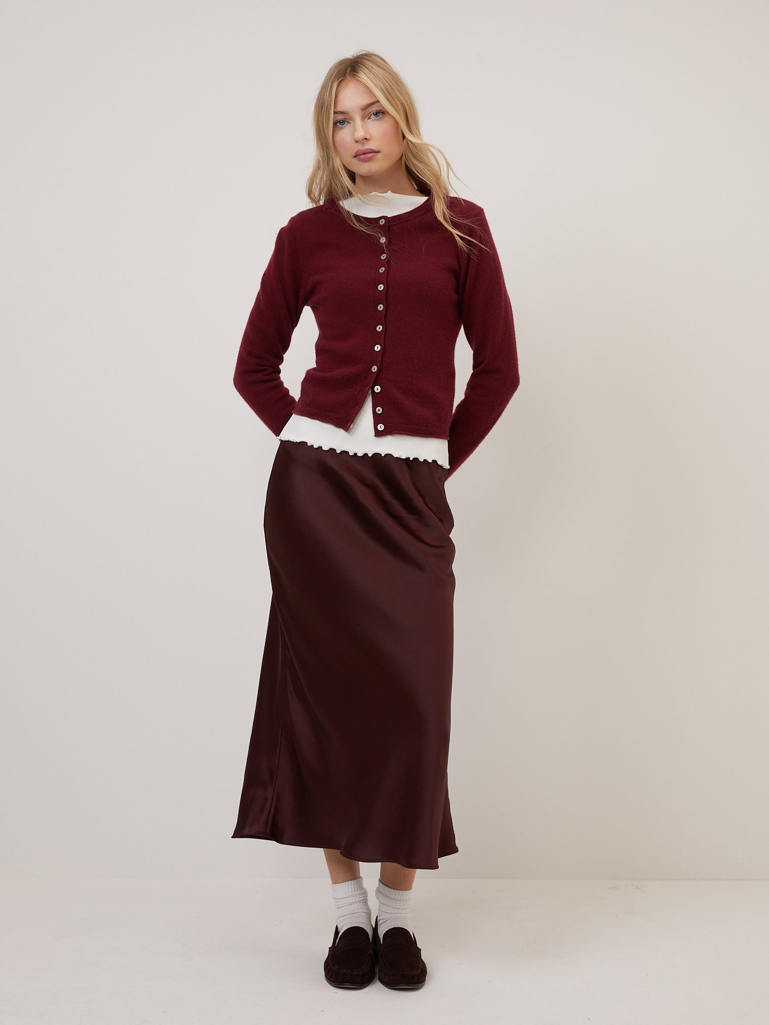Burgundy Satin Mila Midi Slip Skirt