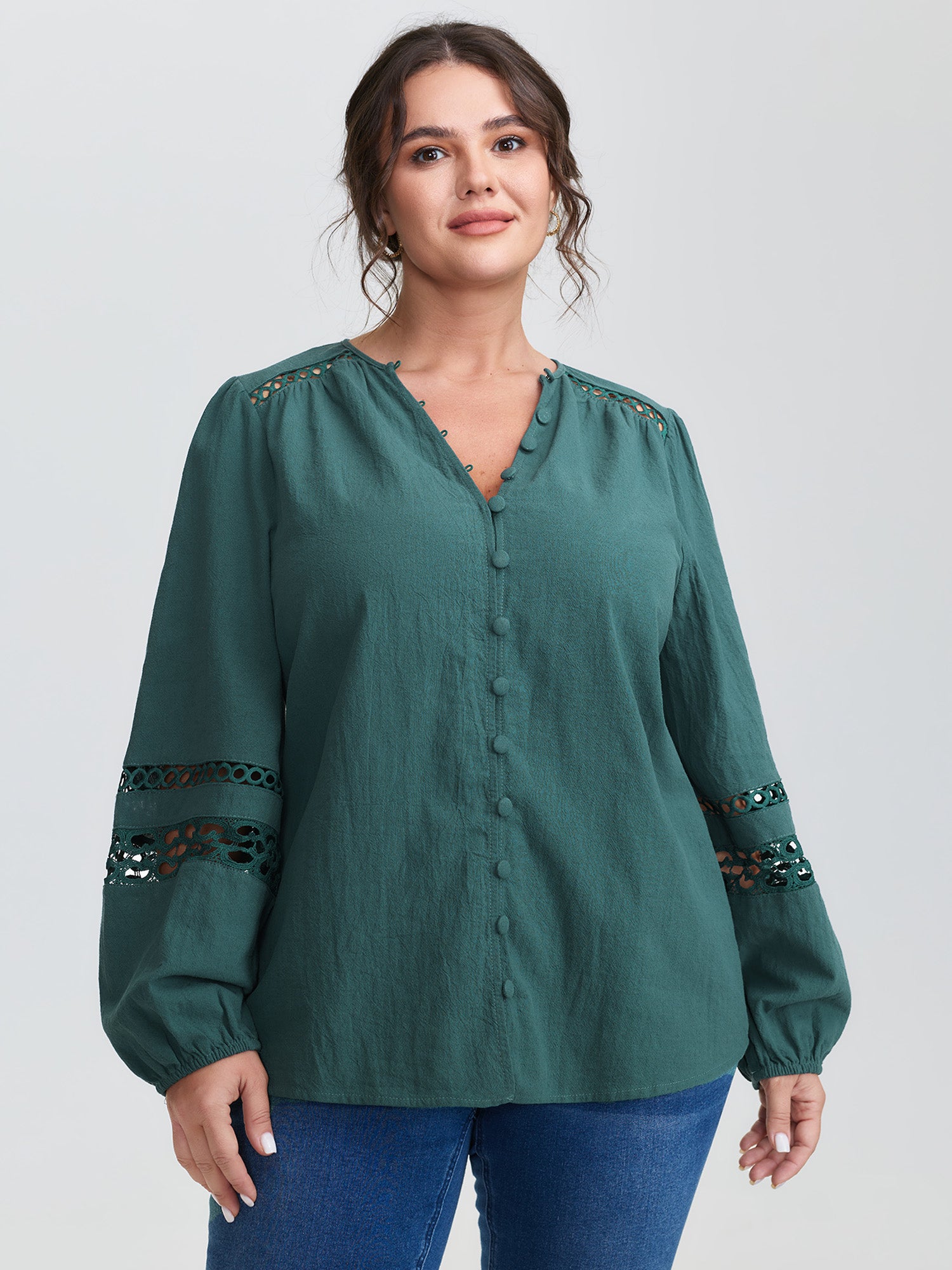 Cotton Lace Trim Button Placket Blouse