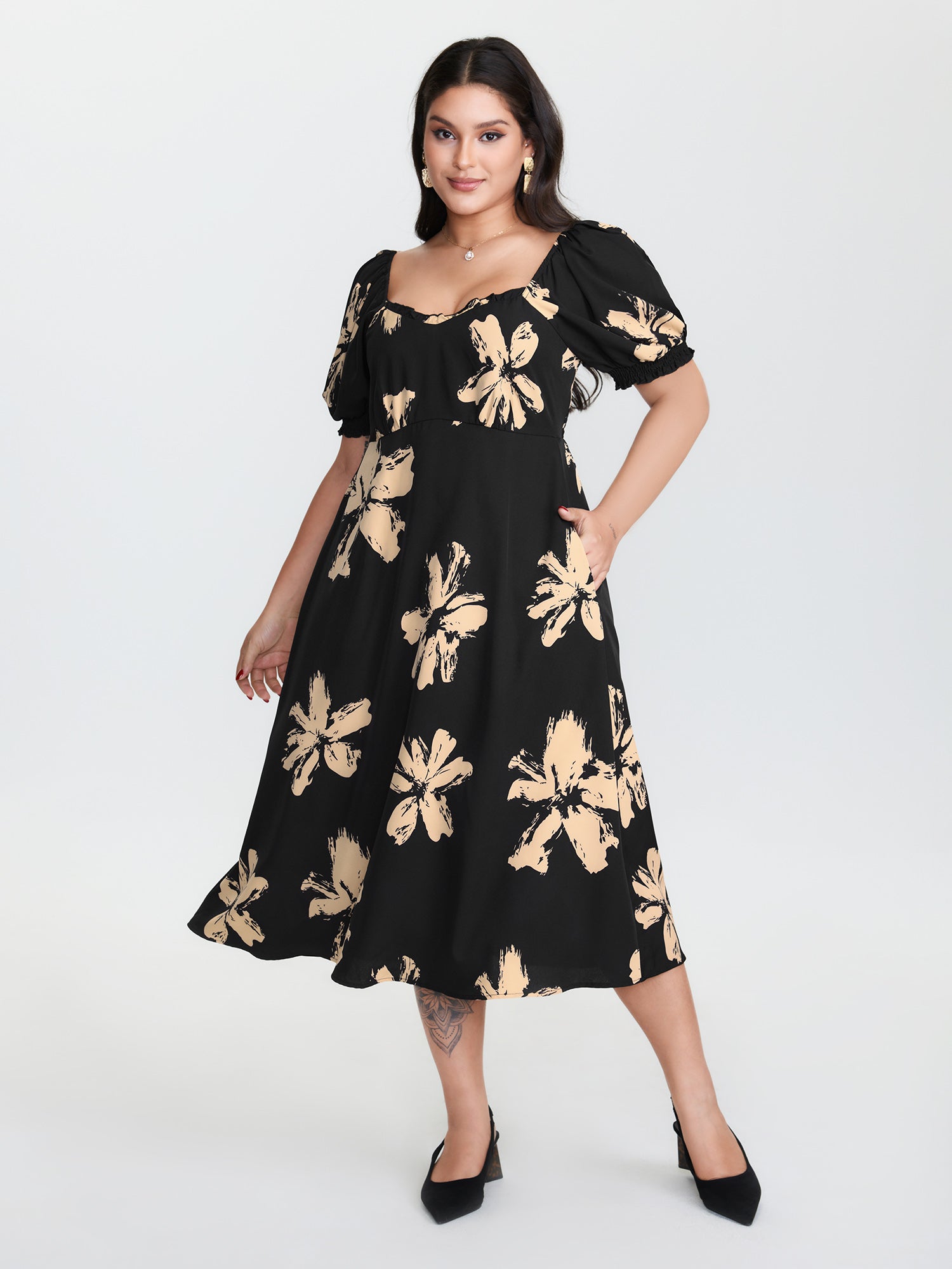 Ruffled Neckline Shirred Midi Dress