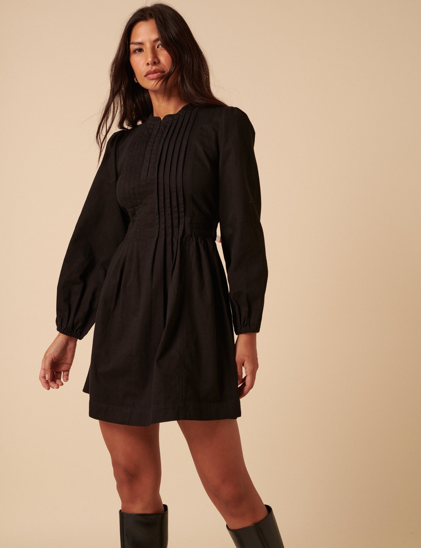 Black Denim Pintuck Tillie Mini Dress