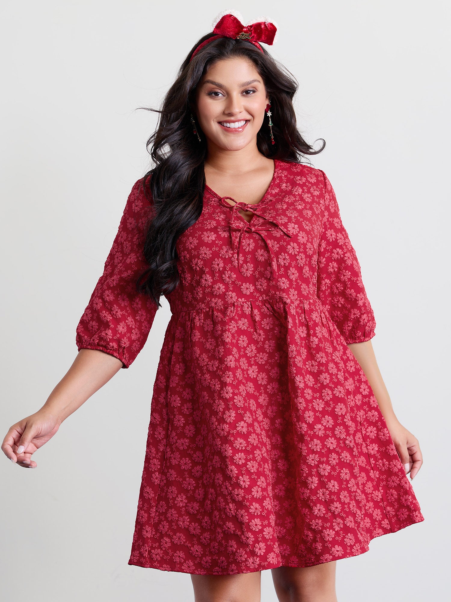 Bowknot Jacquard Stretchy Waist Knee-Length Dress