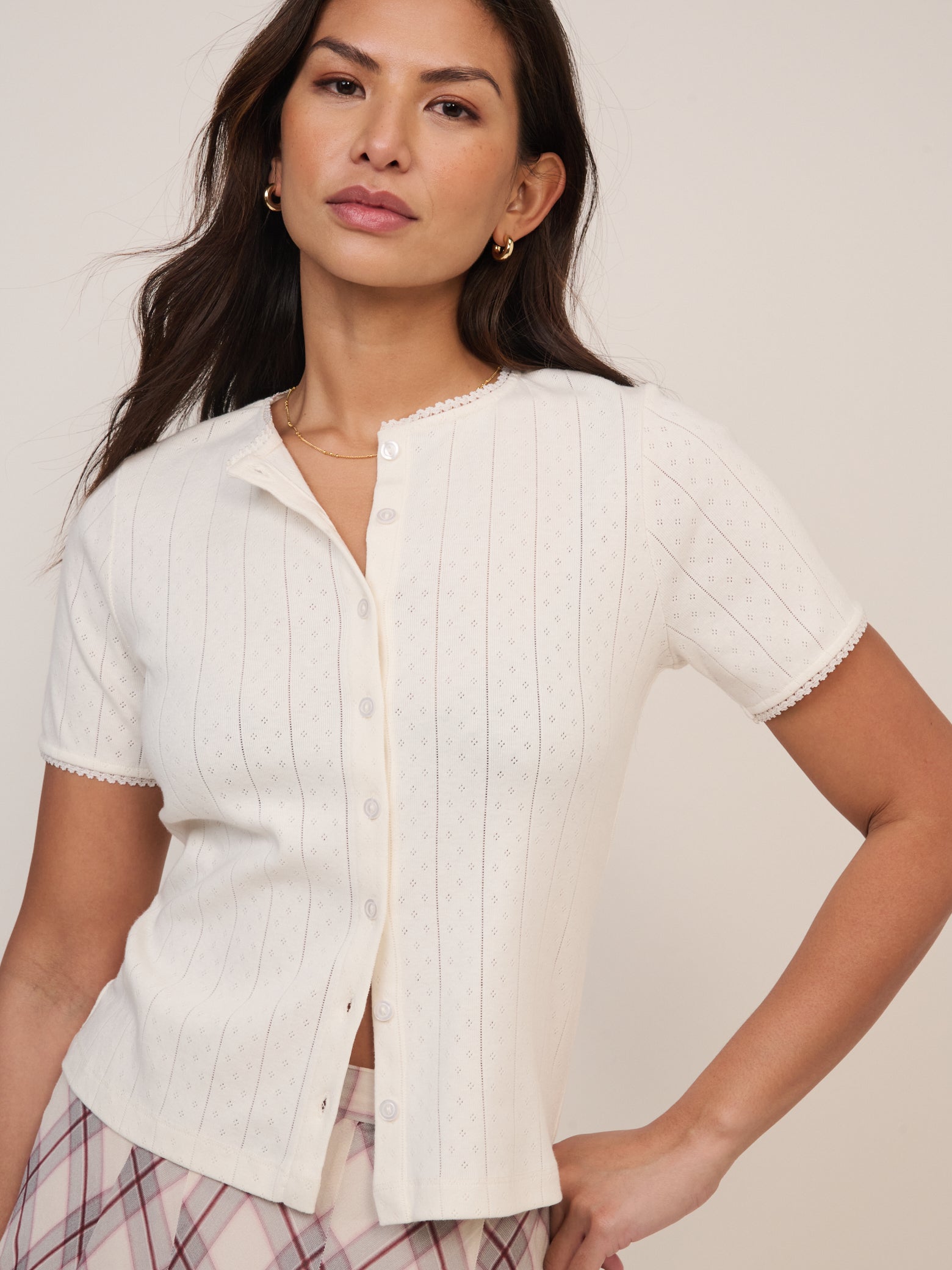 White Pointelle Short Sleeve Top