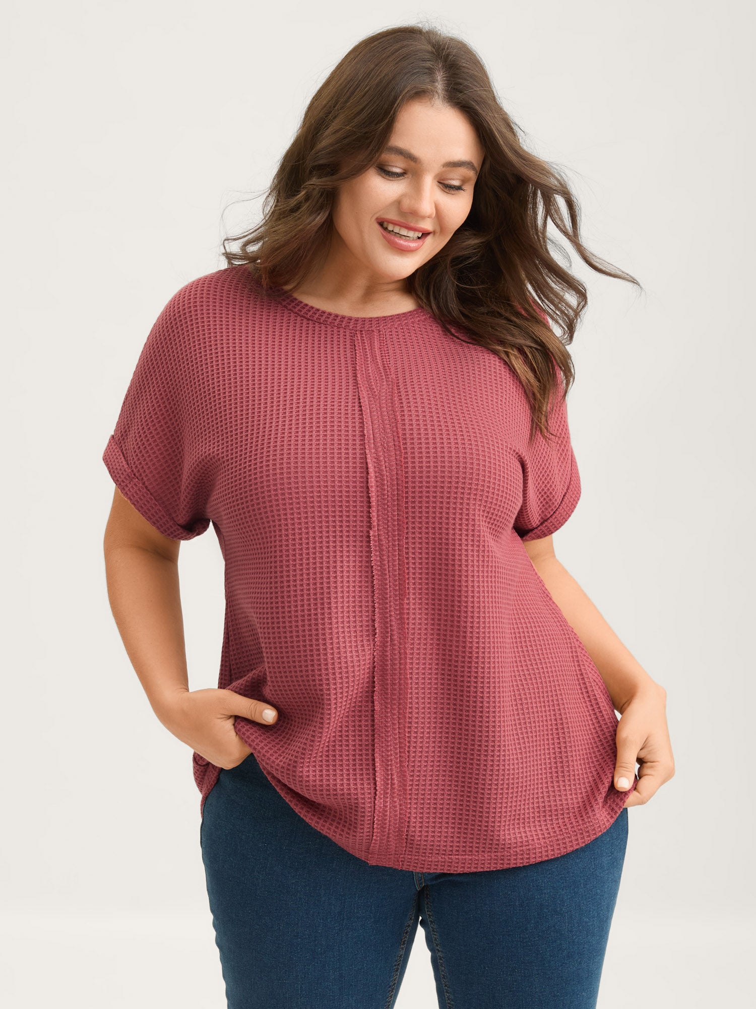Waffle Seamed Front Solid T-Shirt