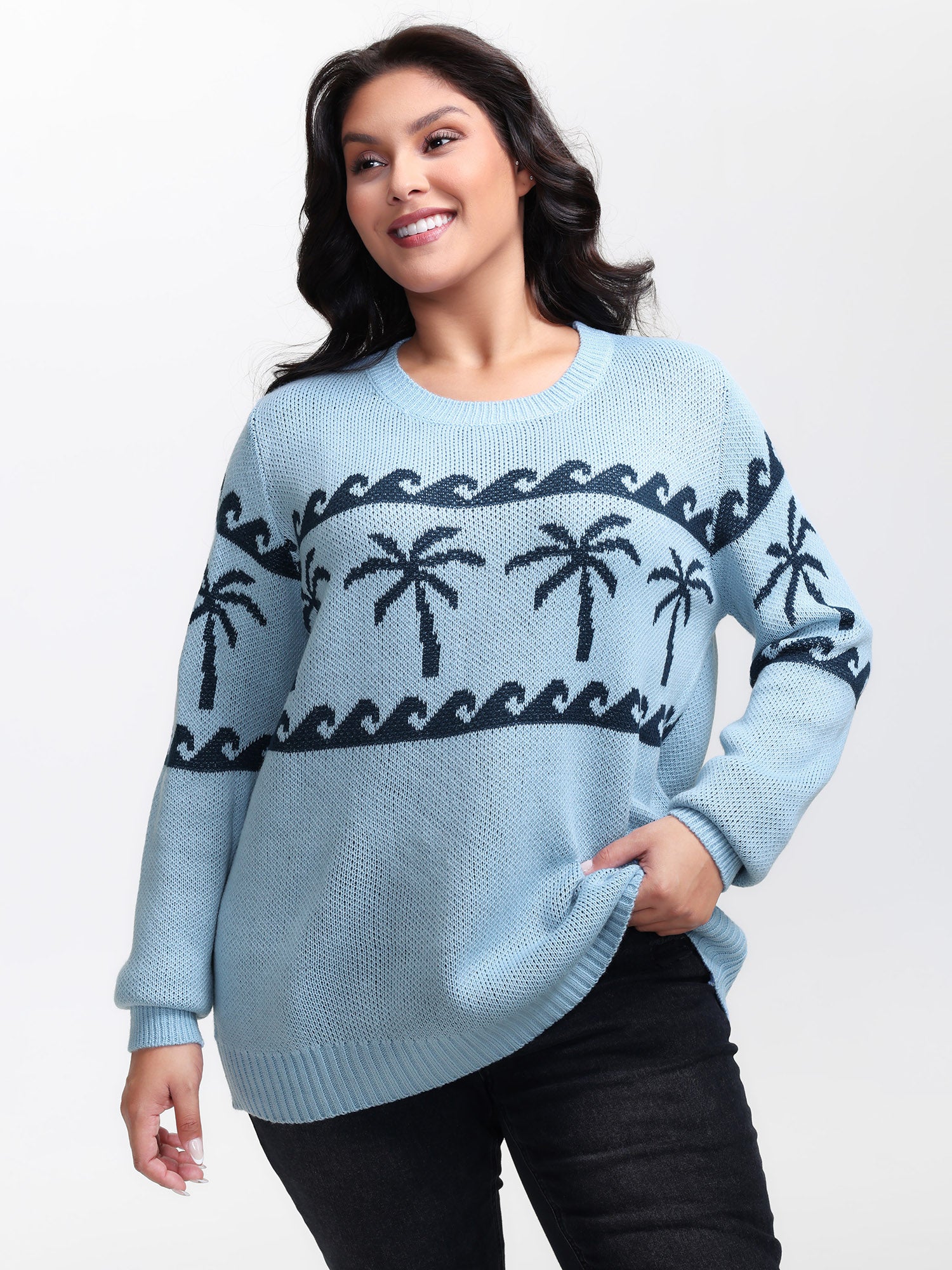 Coconut Tree Pattern Jacquard Pullover