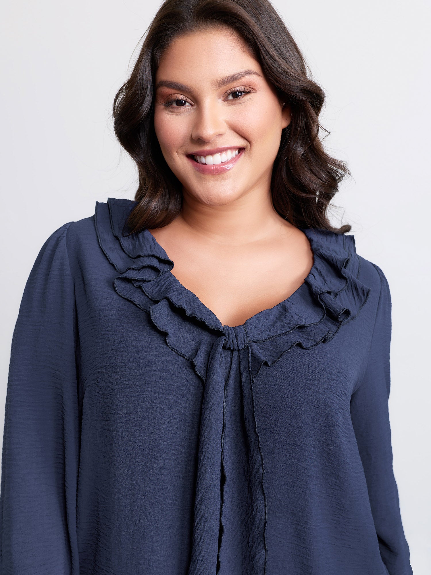 Ruffled Ribbon Neckline Pleated Blouse