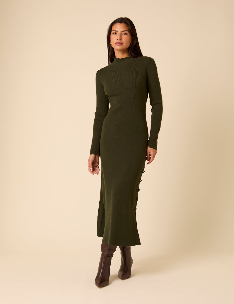 Dark Green Knitted Long Sleeve Midi Dress