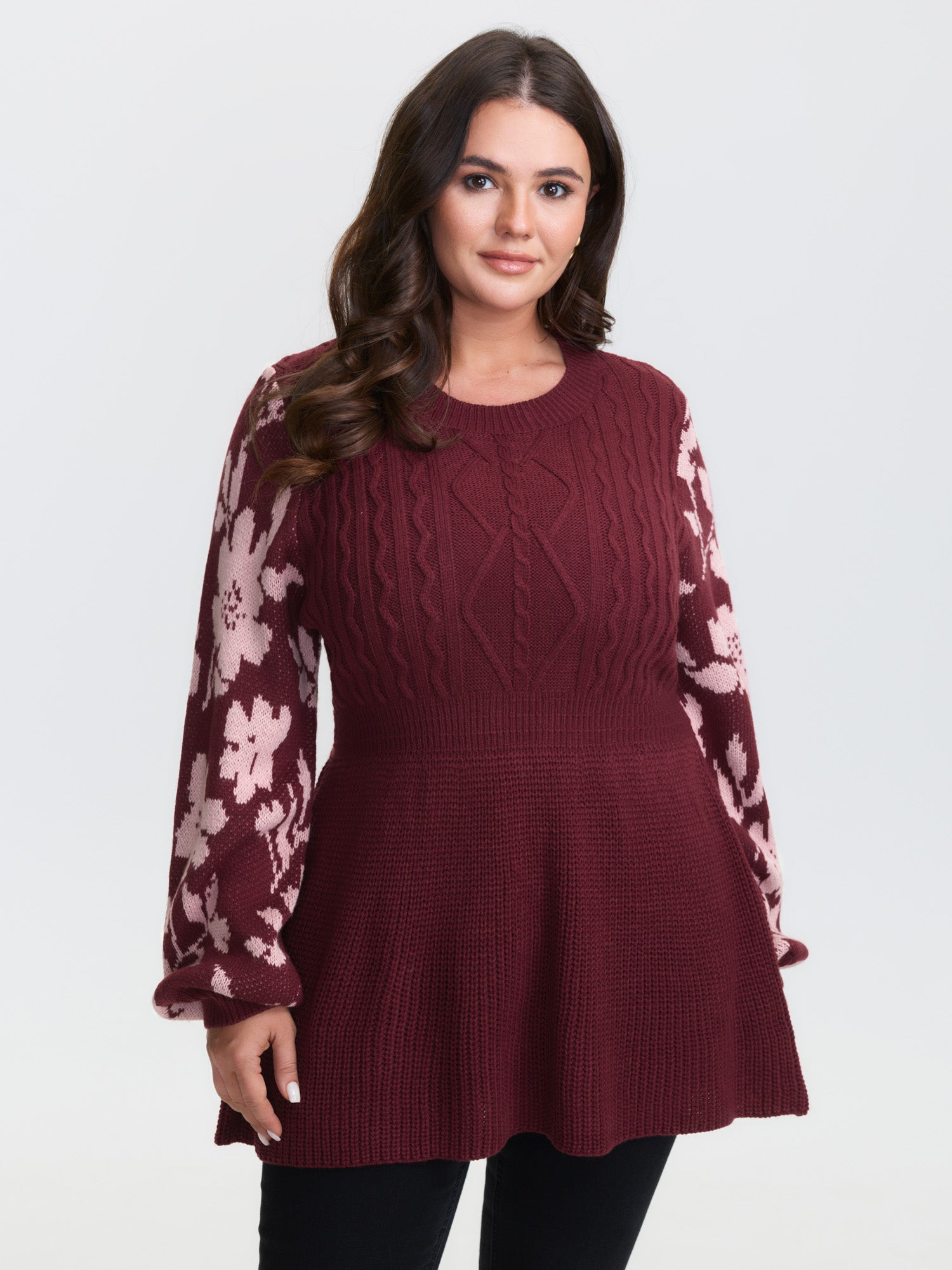 Cableknit Floral Cinched-Waist Pullover
