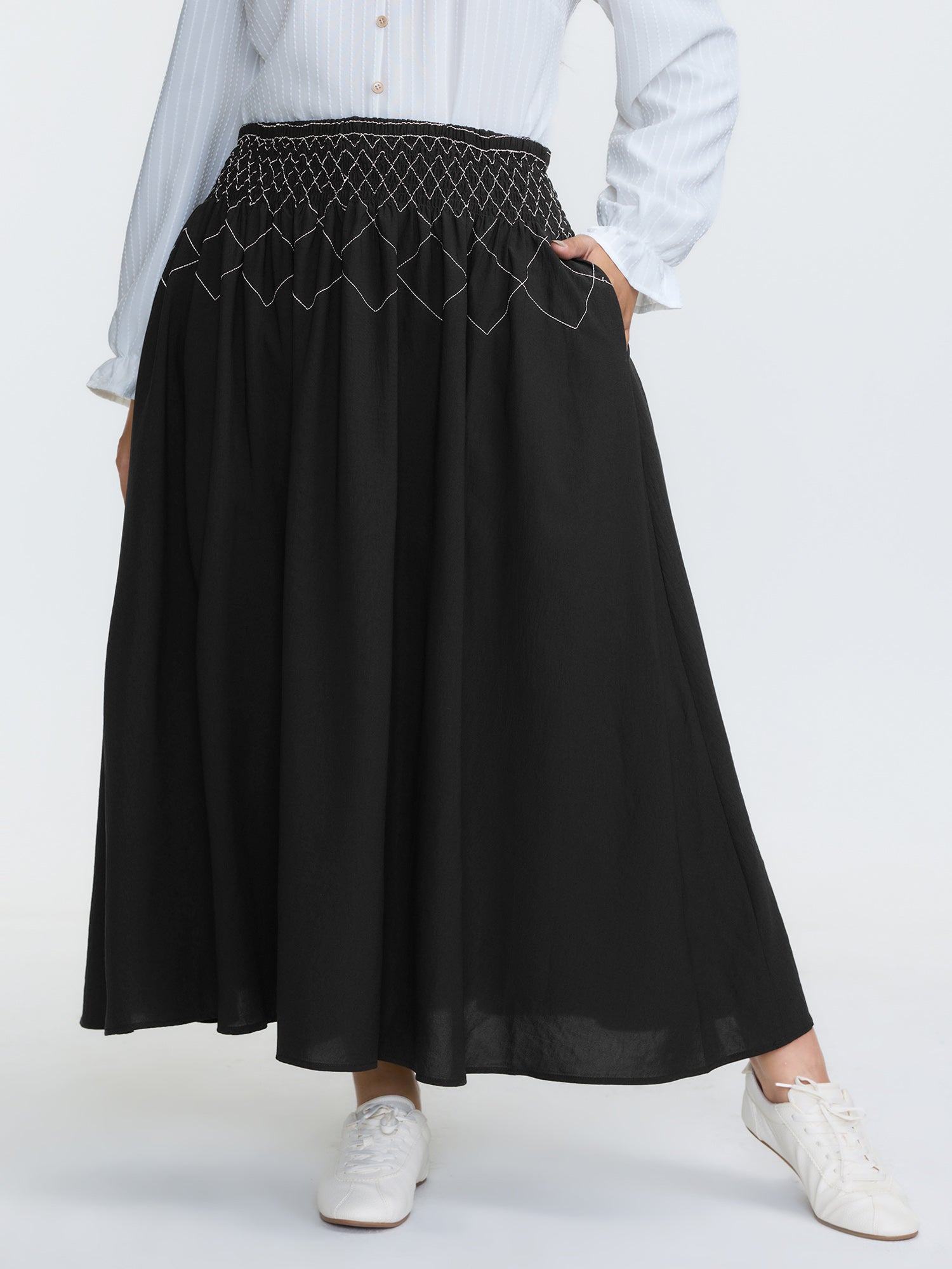 Crisscross Waistband Shirred Midi Dress