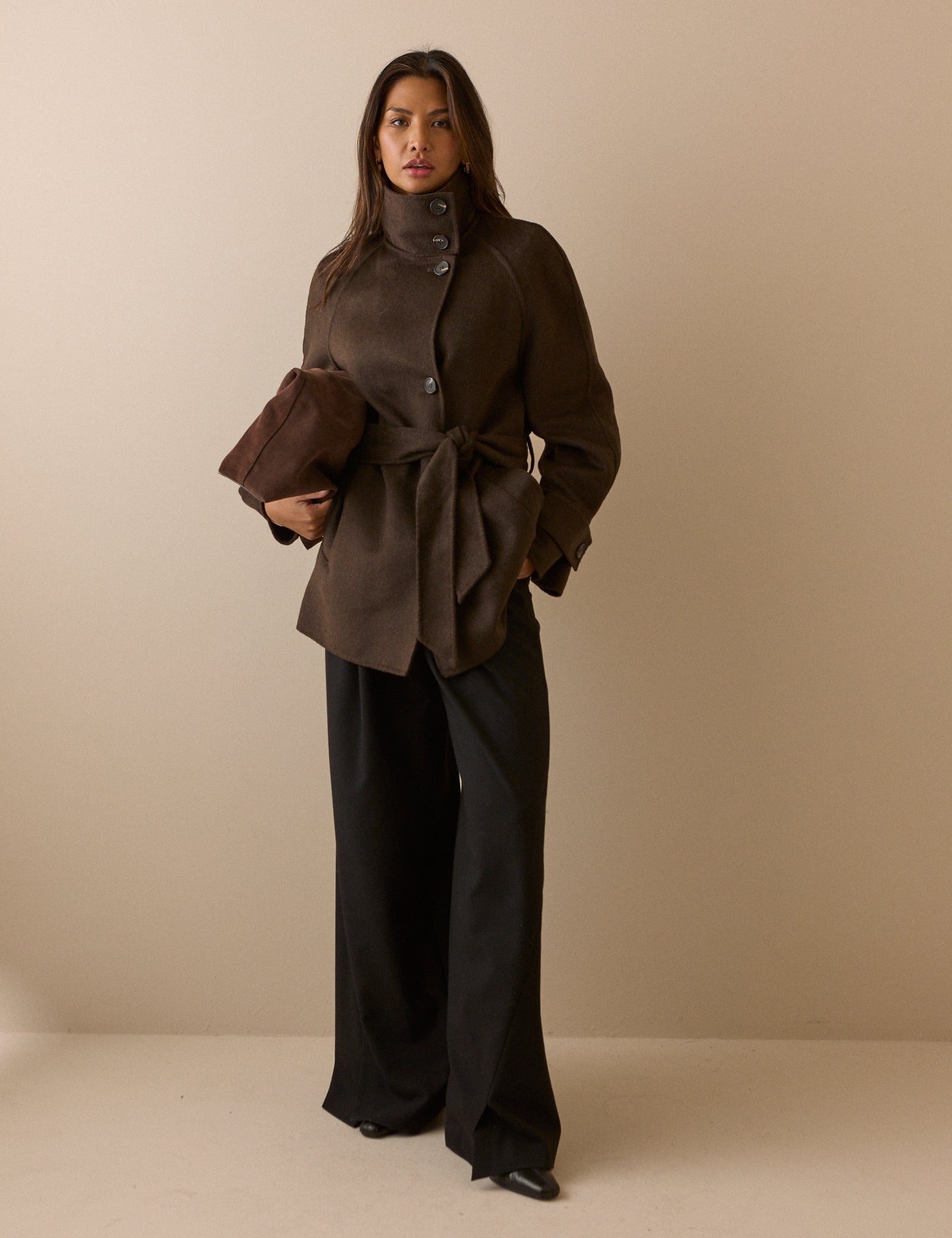 Brown Funnel Neck Wool Jacket