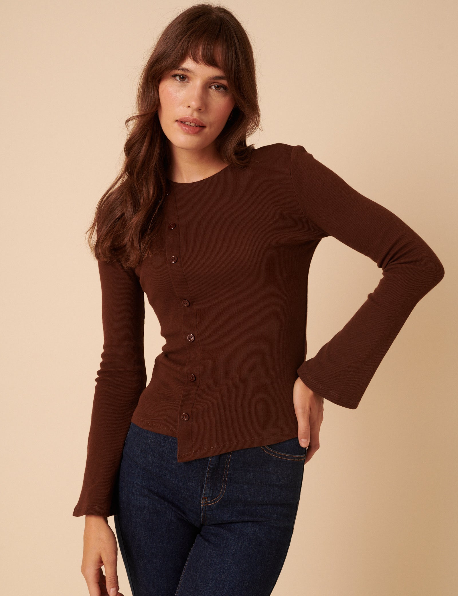 Brown Asymmetric Button Through Top