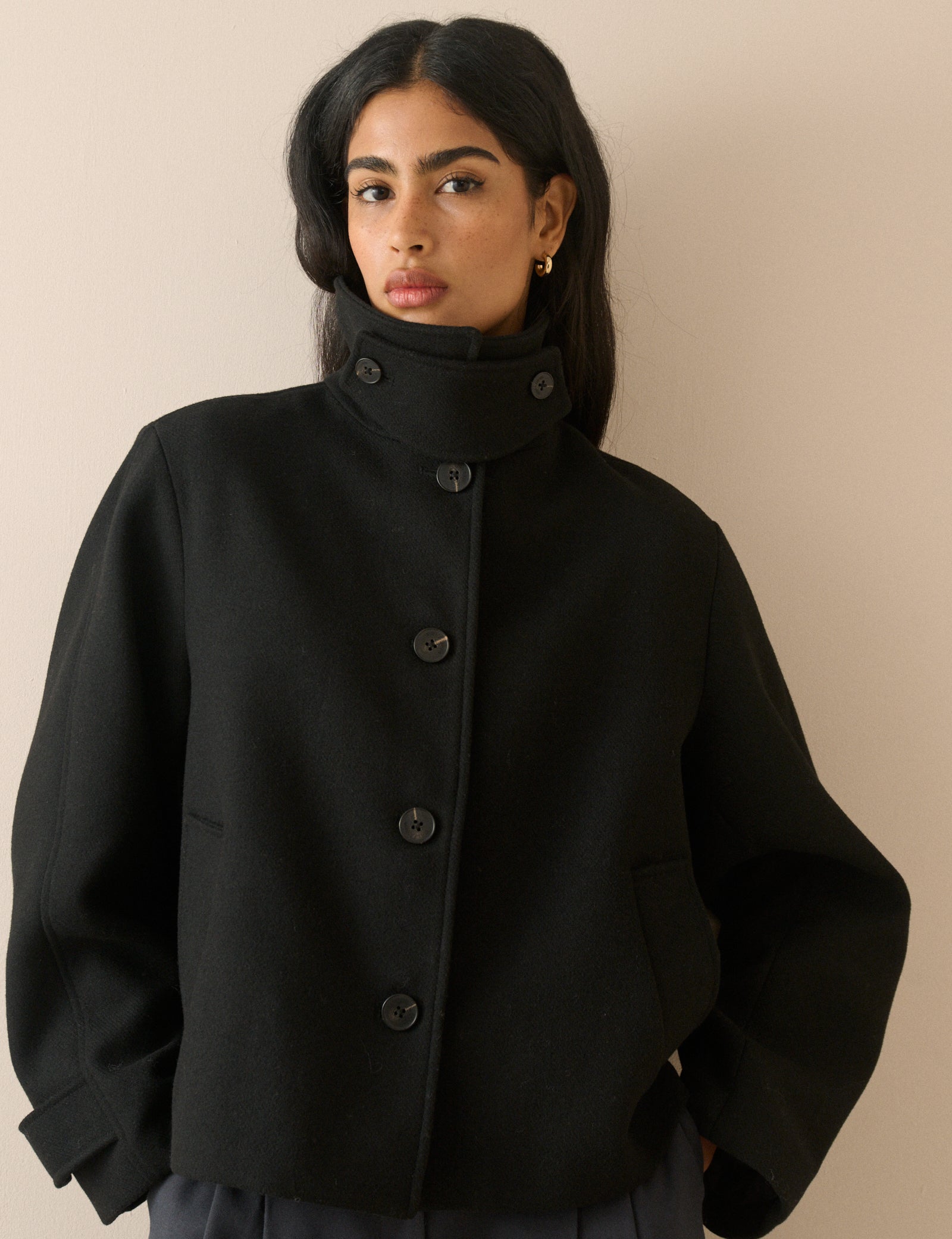 Black Funnel Neck Wool-Blend Coat